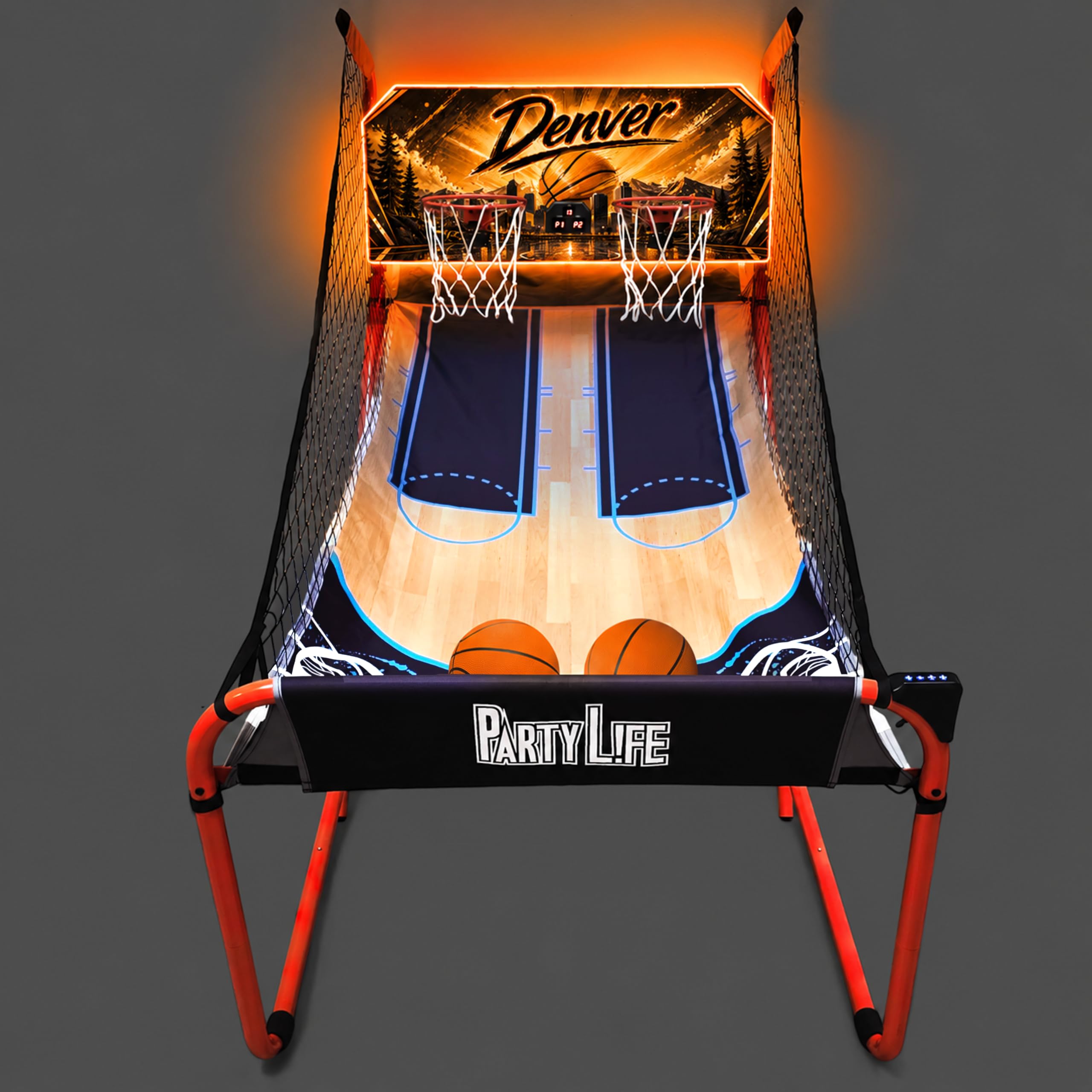 PartyLife 2-Player Basketball Arcade Game w/LED Lights | Electronic Scoring | 5 Balls, 1 Pump, 8 Games | Folding Design | Heavy-Duty Steel Frame