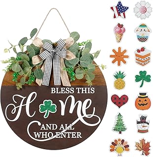 Interchangeable Seasonal Welcome Sign for Front Door, Rustic Round Wood Wreath Wall Hanging Decorations, for Spring Summer Fall Winter All Holiday Halloween Christmas Farmhouse Outdoor Home Decor