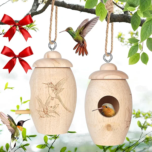 Hummingbird House, 2 PCS Wooden Hummingbird Houses for Outside for Nesting, Screwable Cover Hummingbirds Houses with Red Ribbons, Gardening Gifts Home Decoration