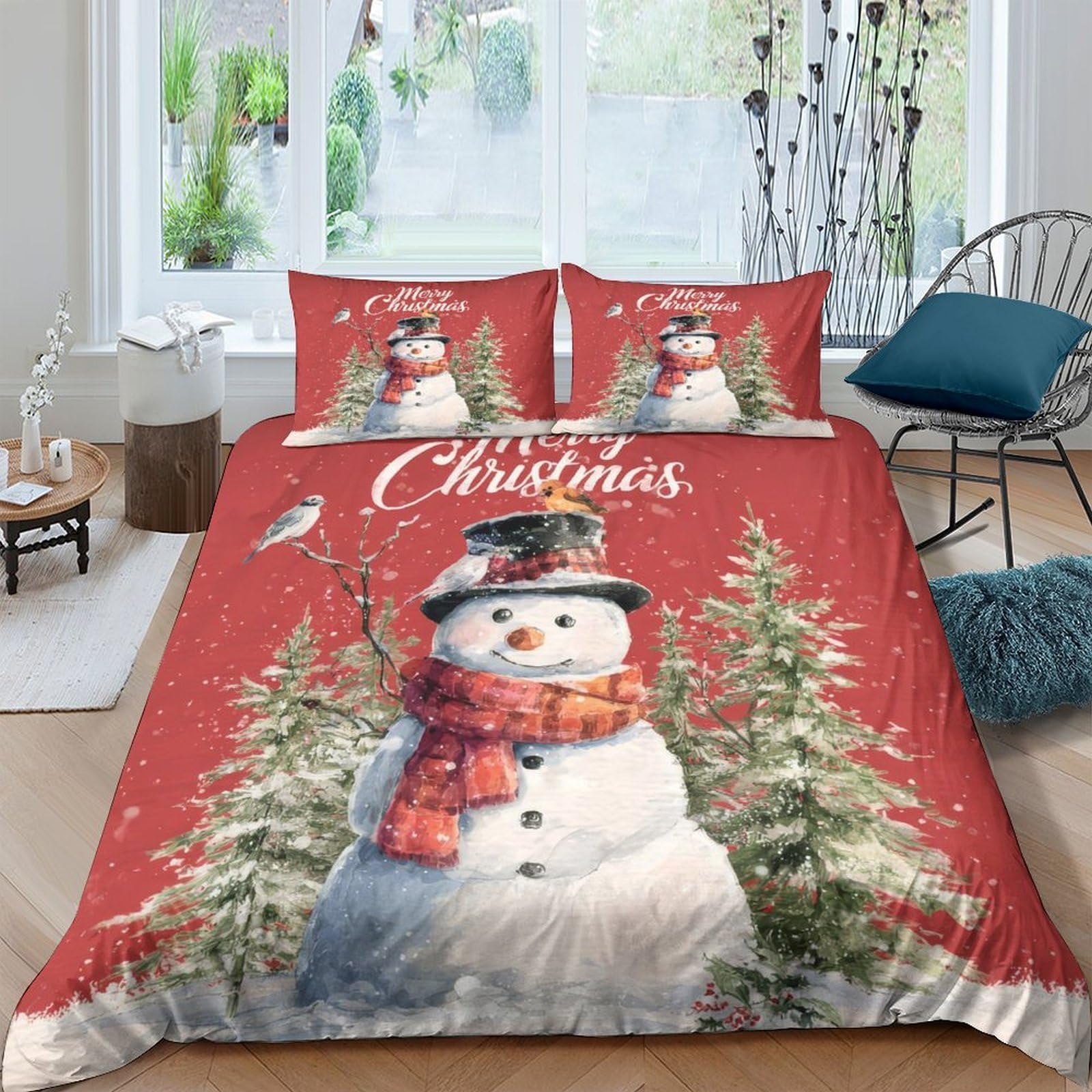 Ctjqhvkz Style-10 3D Printed Christmas Snowman Fitted Sheet Microfiber Red Tree Pattern Bed Cover For Bedroom Guest Room Decor Single（135X200cm）