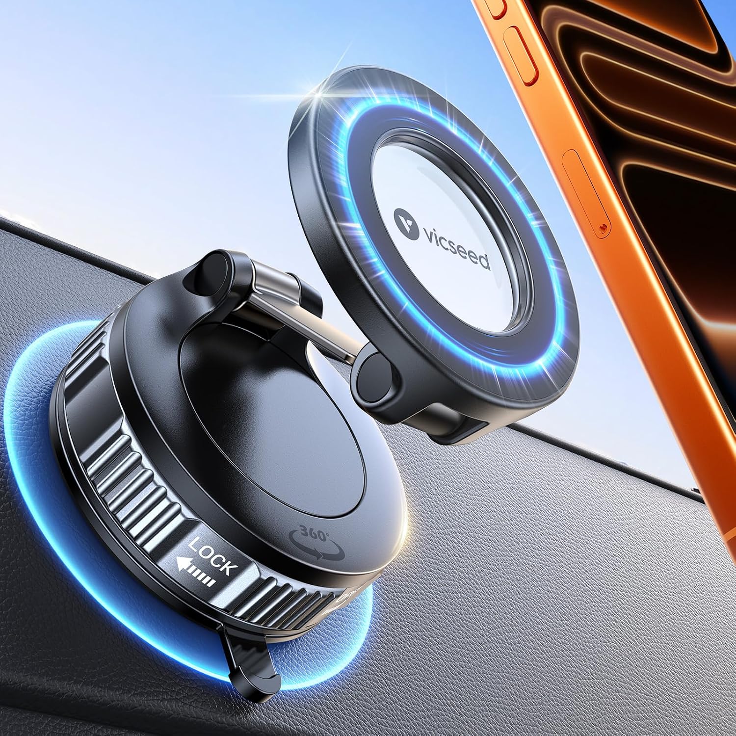 VICSEED vacuum MagSafe car phone holder on a car dashboard
