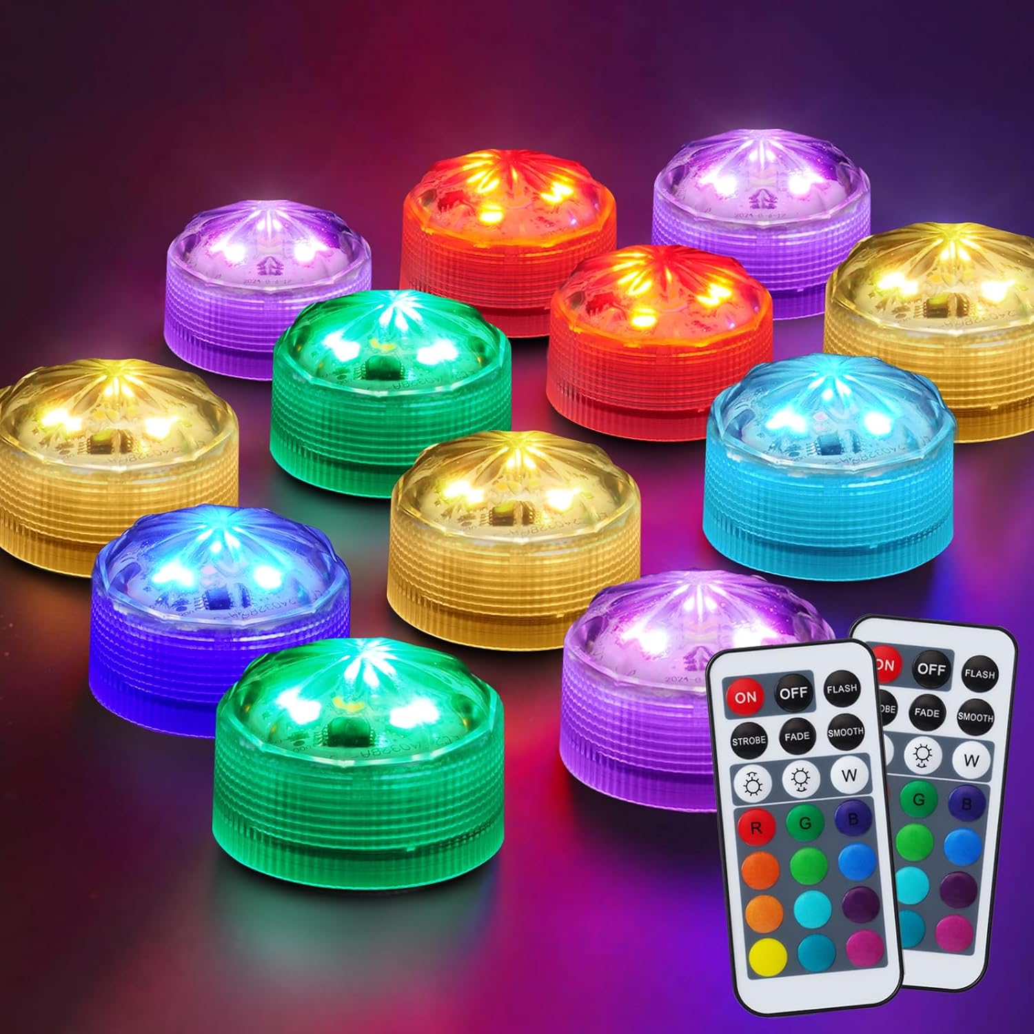 Homemory 10pcs Mini RGB Submersible LED Lights with 2Pack Remote, Multicolor Waterproof Small Tealight Candles Battery Operated Underwater Color Changing EFX Light for Vase, Halloween Lantern Decor Multi-colored (submersible lights)