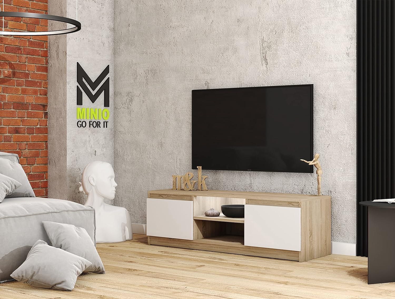 MINIO go for it - Meuble TV Dingo 120cm Lowboard pour téléviseur | Meuble TV bas avec 2 portes battantes et 2 compartiments ouverts, meubles TV en chêne Sonoma et blanc - Meuble bas avec LED