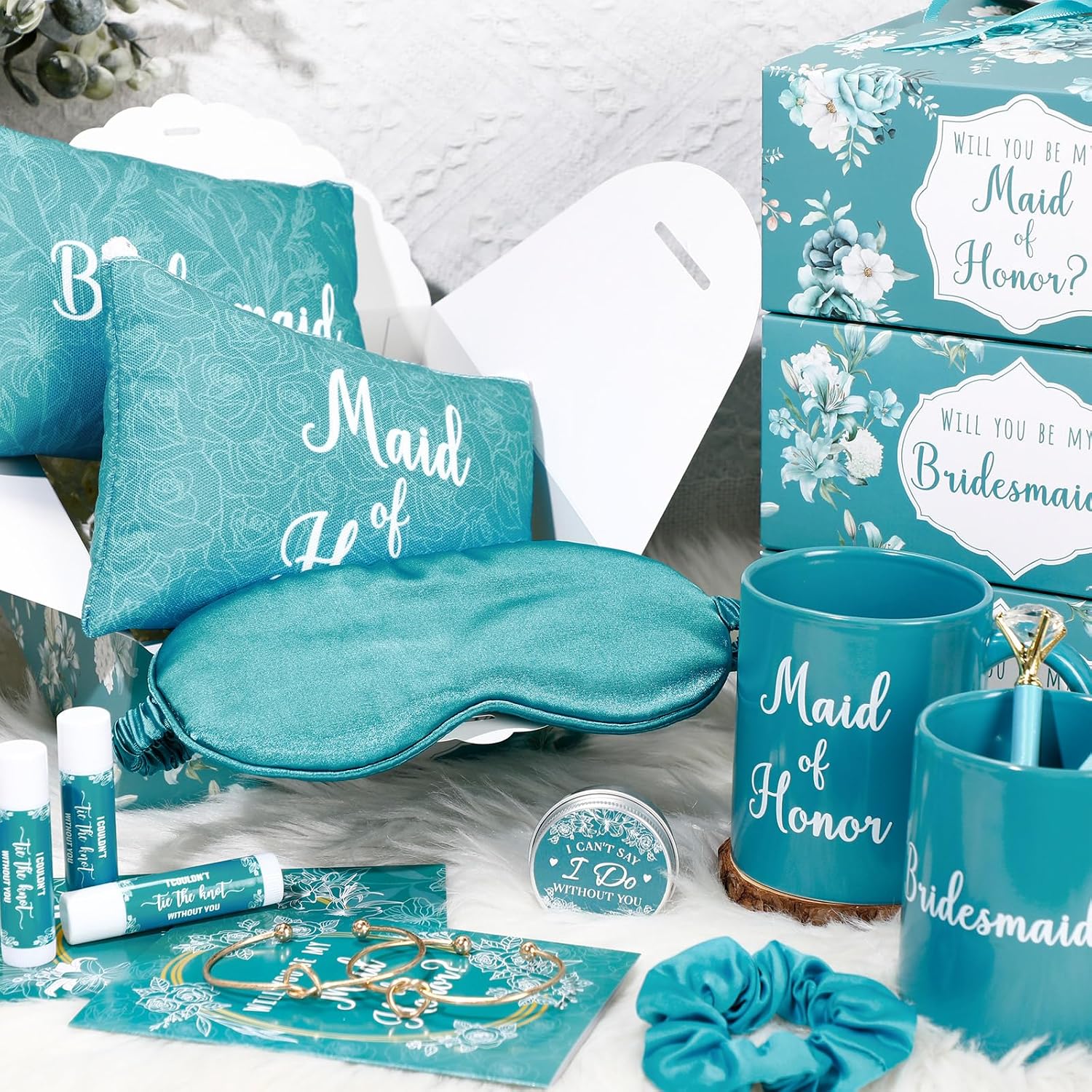 60 Pcs Bridesmaid Proposal Gift Set of 10 - Maid & Matron of Honor Box with Mug Makeup Bag Candle Lip Balm Hair Scrunchie Diamond Pens Bracelet Eye Mask Invitation Cards(Tropical Teal)