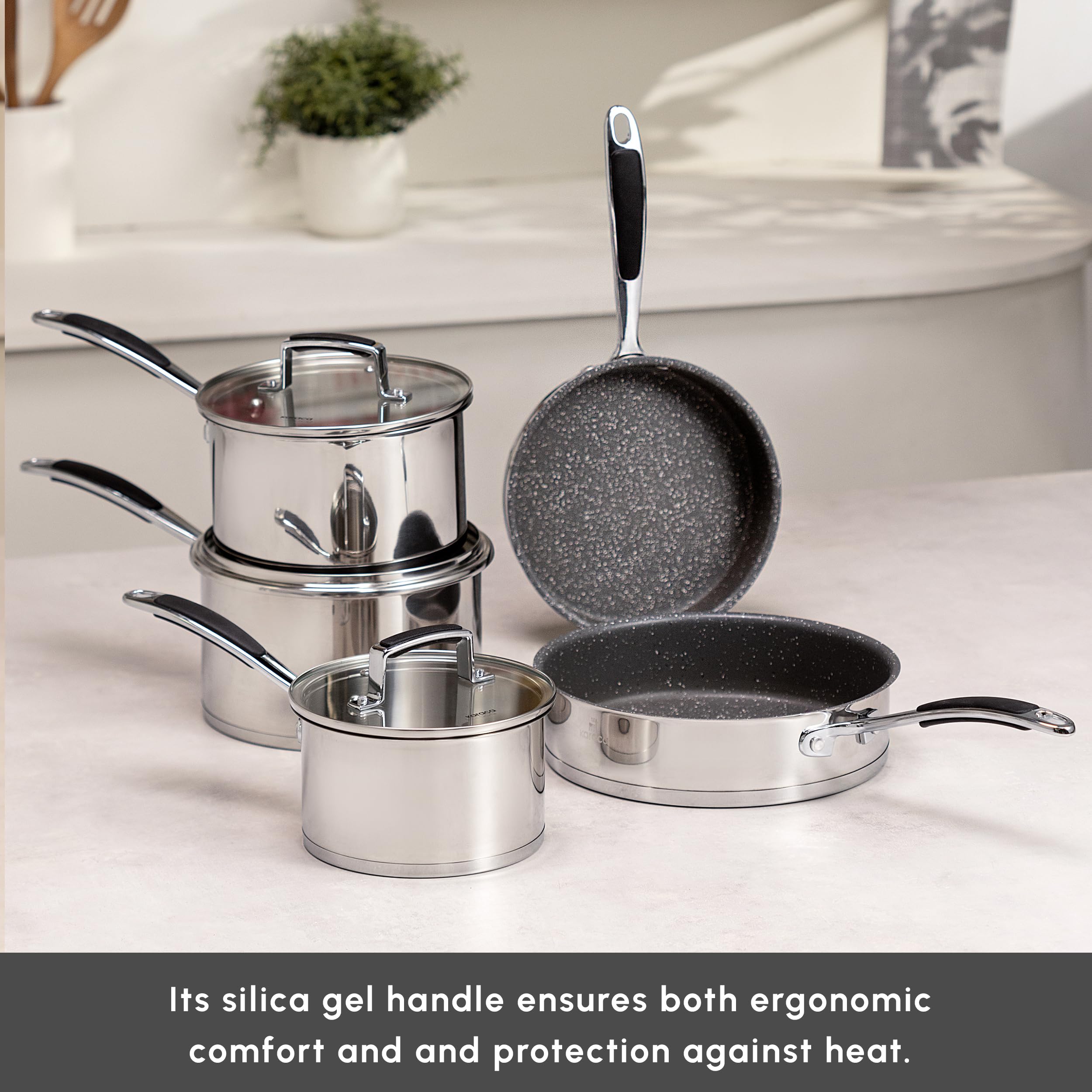 Karaca Pekka - Batería de Cocina de Acero Inoxidable de 8 Piezas - Apta para Inducción - Color Antracita y Plata - Incluye Ollas con Tapas de Cristal y Sartenes