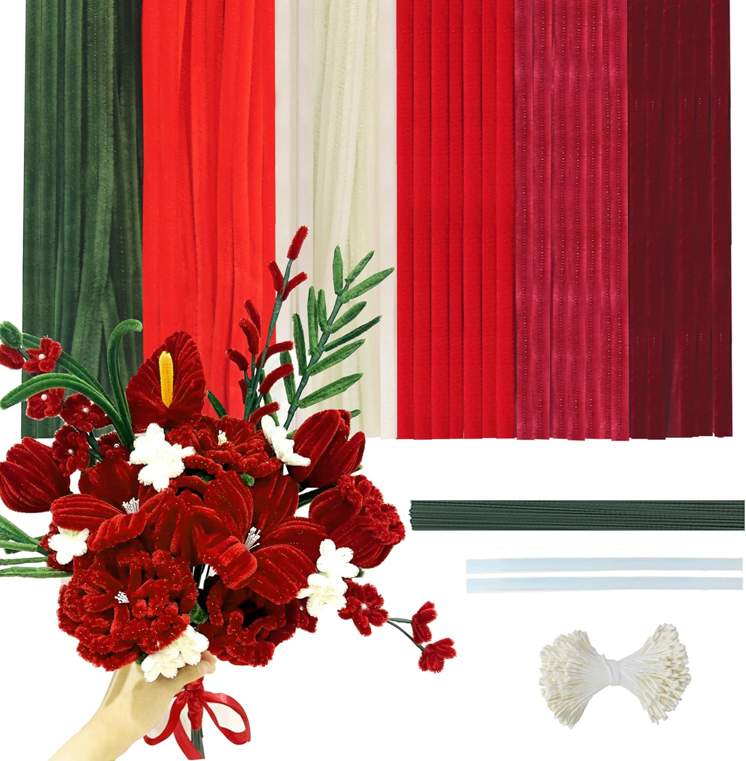 300 Pieces 6 Colors Pipe Cleaners Craft,Chenille Stems for DIY Flower Making Kit,Red Series,Thick Fluffy Chenille Stems,Perfect for Arts & Crafts/Making Animals and Festive Decoration