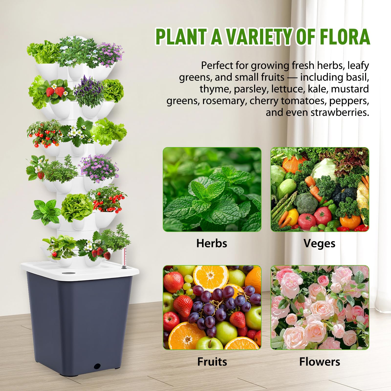 HydroponicGrowing Tower Garden Kit voor kruiden, fruit, groenten - 30 pods Aeroponics met pomp, timer, netpotten, adapter - kamerplanten en producten
