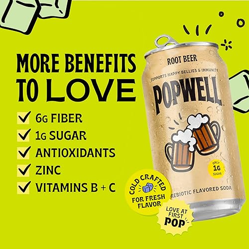 Miniatura 4 de Popwell Root Beer Better-For-You - Soda prebiótica con 0.23 onzas de fibra, 0.04 oz de azúcar, vitaminas y apoyo inmunológico, latas de 12 onzas