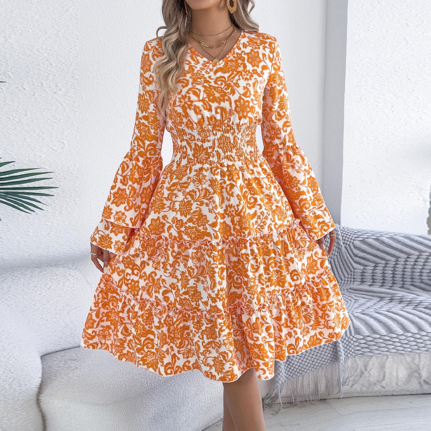 Women's Bohemian Floral Flowy Midi Dress, V Neck Casual Bell Sleeve A-Line Vacation Beach Dresses