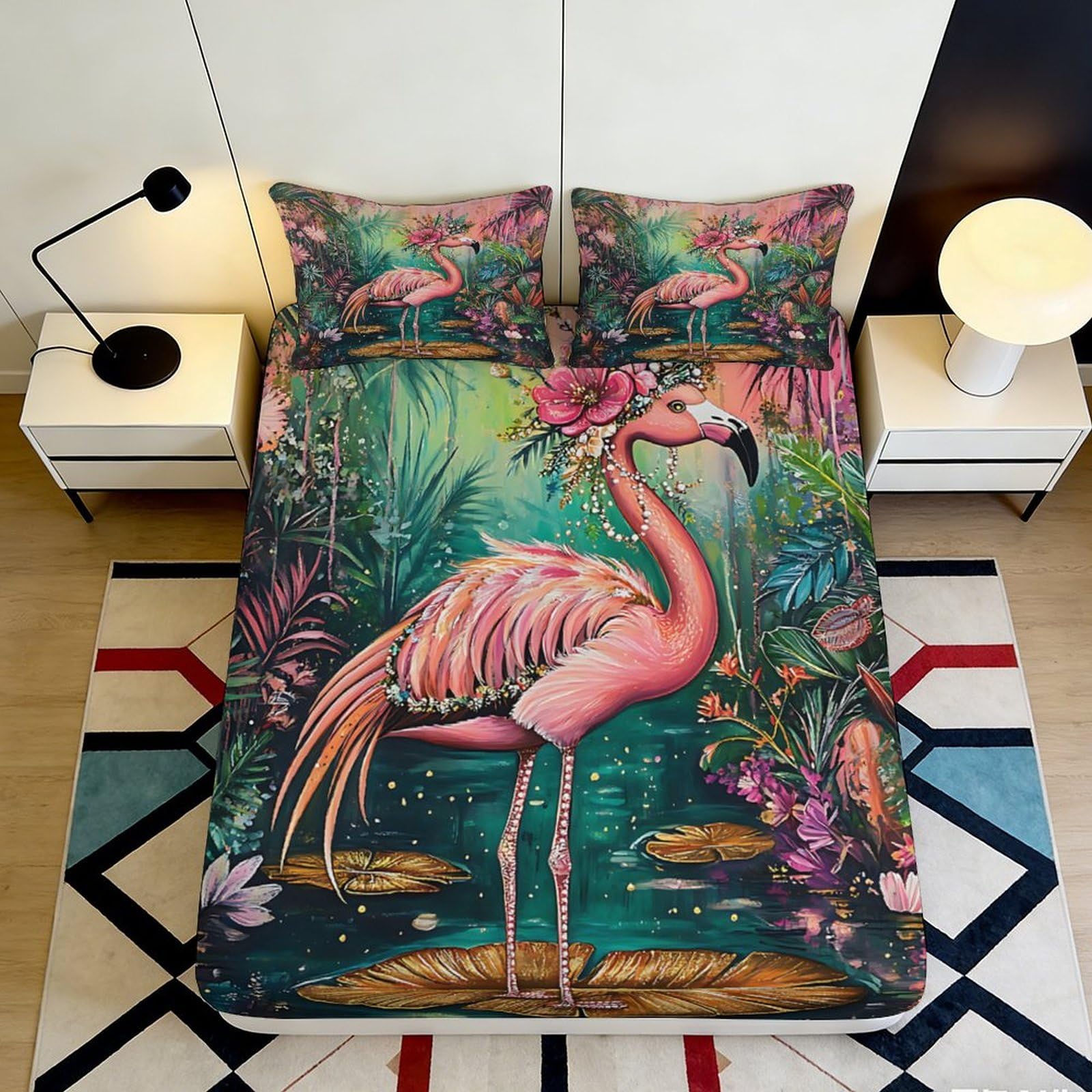 3D Printed Tropical Flamingo Fitted Sheet Microfiber Soft Pink Jungle Mattress Cover for Bedroom Guest Room Mattress Protection Decor 90x200x25cm