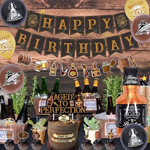 Miniatura 5 de Chilfamy Decoraciones de cumpleaños de whisky para hombres, suministros de fiesta de edad a la perfección con pancarta de feliz cumpleaños, pancarta