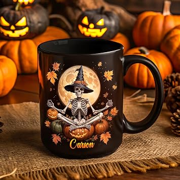 Personalised Halloween Skull Mug, Gifts for Skeleton Lovers, Gothic Skull for Women, Halloween Holiday Gifts for Women, Halloween Skeleton Decor Gift, Custom Name Coffee Cup Ceramic Mug