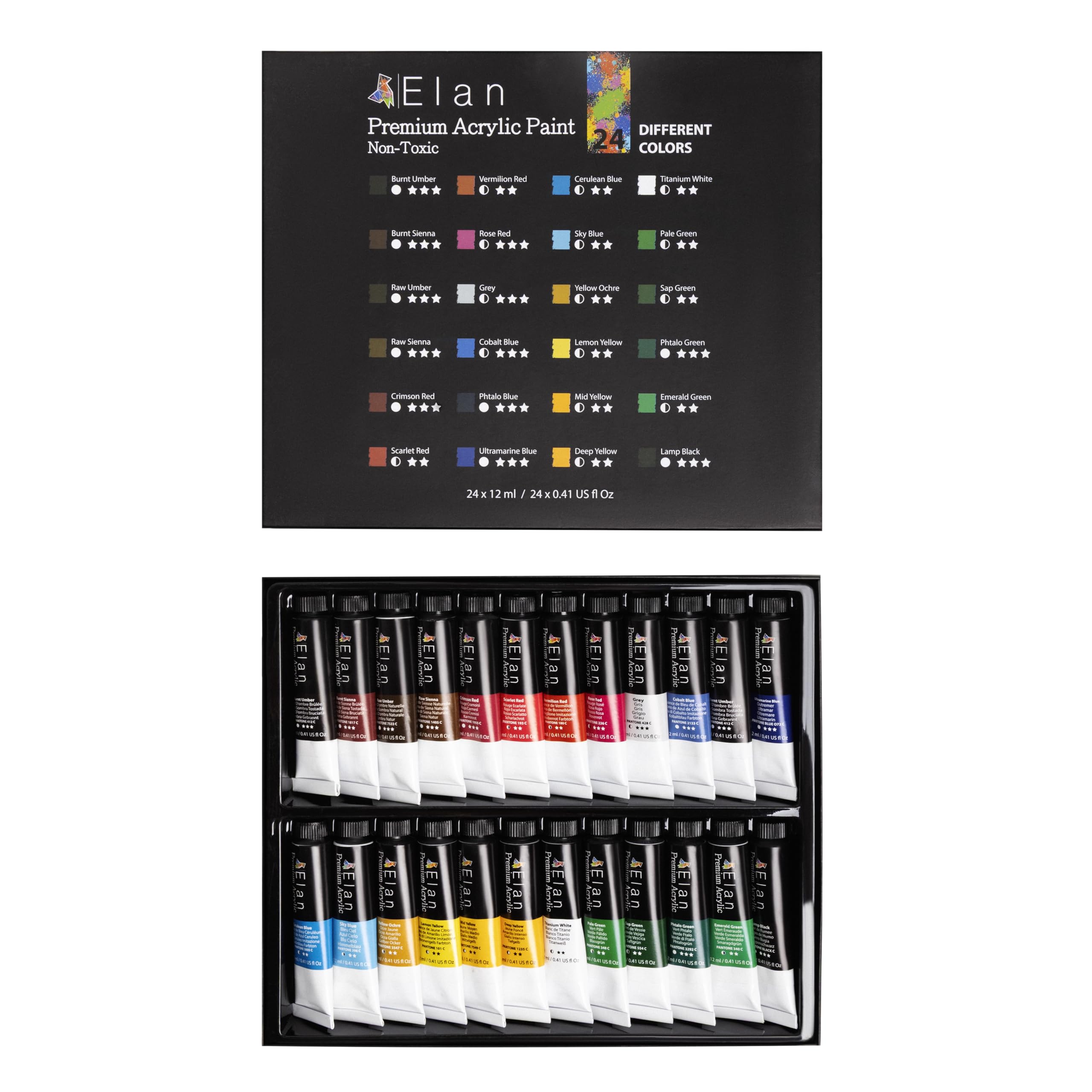 Elan Professional Acrylic Paint Set 12ml, 24 Rich Colours, Non-toxic Paint for Painting Canvas and Crafts, Acrylic Paints Set, Art Paints for Adults