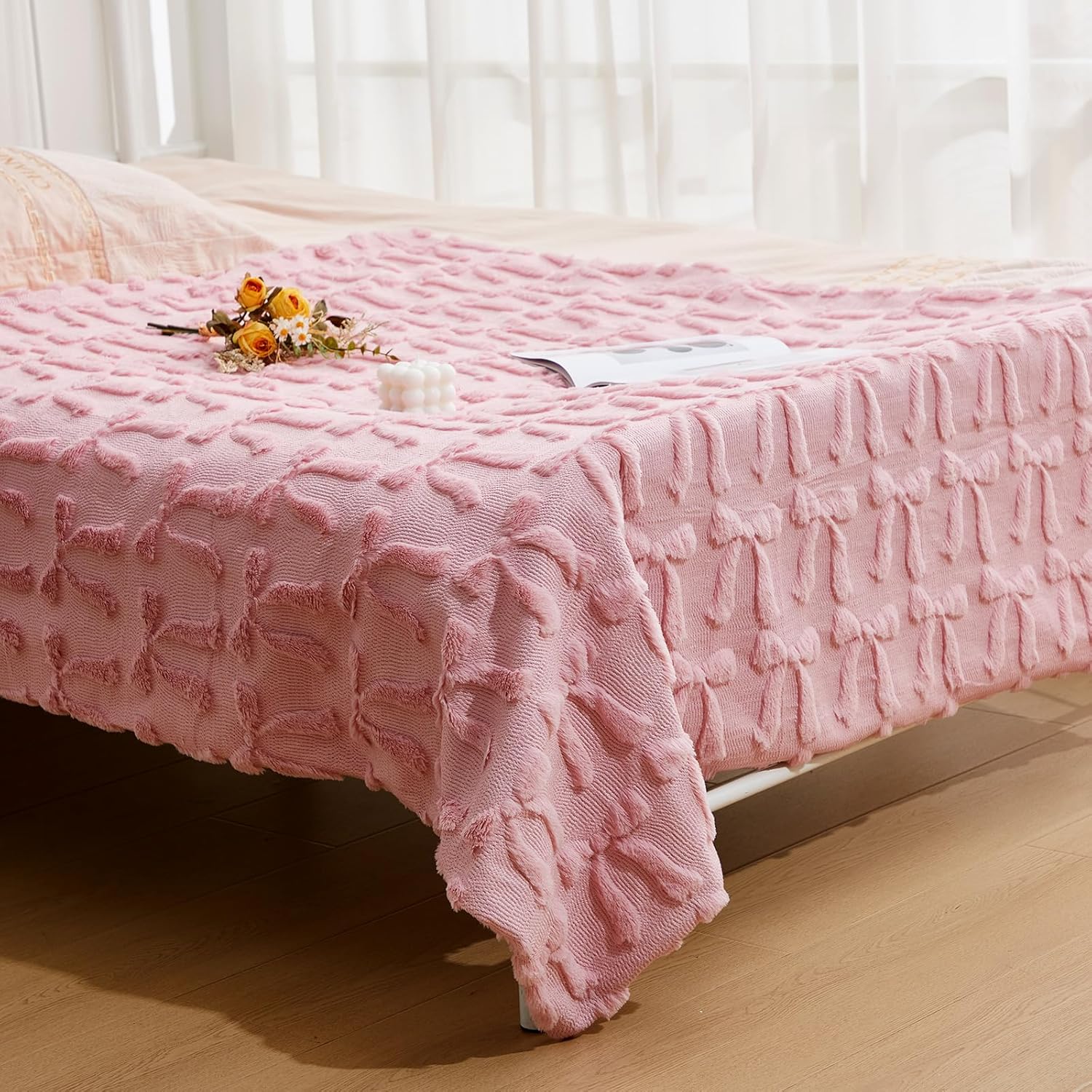 Pink Bow Throw Blanket Christmas Coquette Gift for Women Feather 3D Bow Faux Fur Soft Plush Xmas Throw Blanket for Xmas Couch Sofa Chair Bed Office Home Travel Decor - Image 6