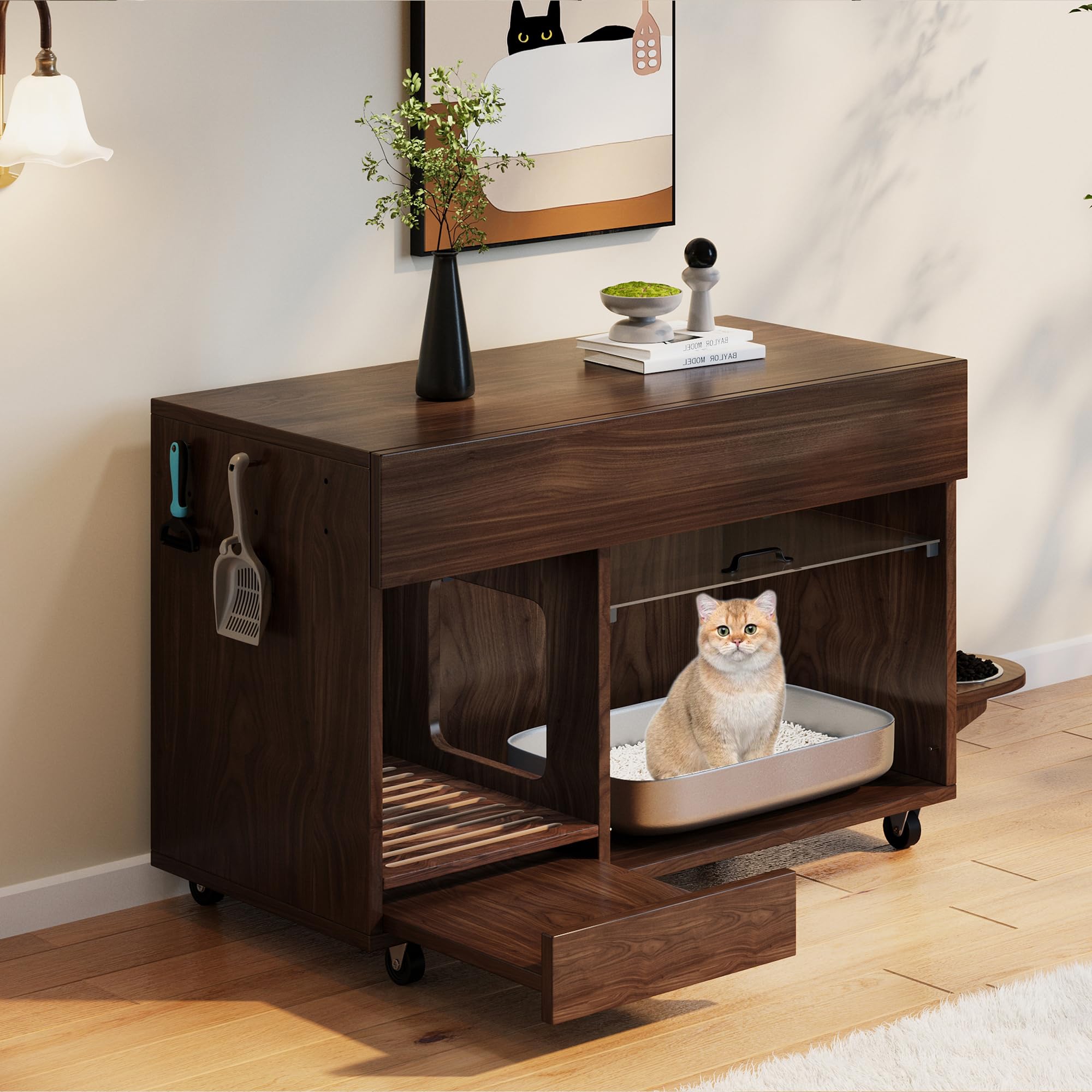 Katzenklo-Schrank, Bewegbar mit Sandauffangschale & Futterstation, Katzentoilettenschrank mit Lochplatte & Aufbewahrungsregal für Katzenzubehör, 100x45.5x67cm Nussbaum