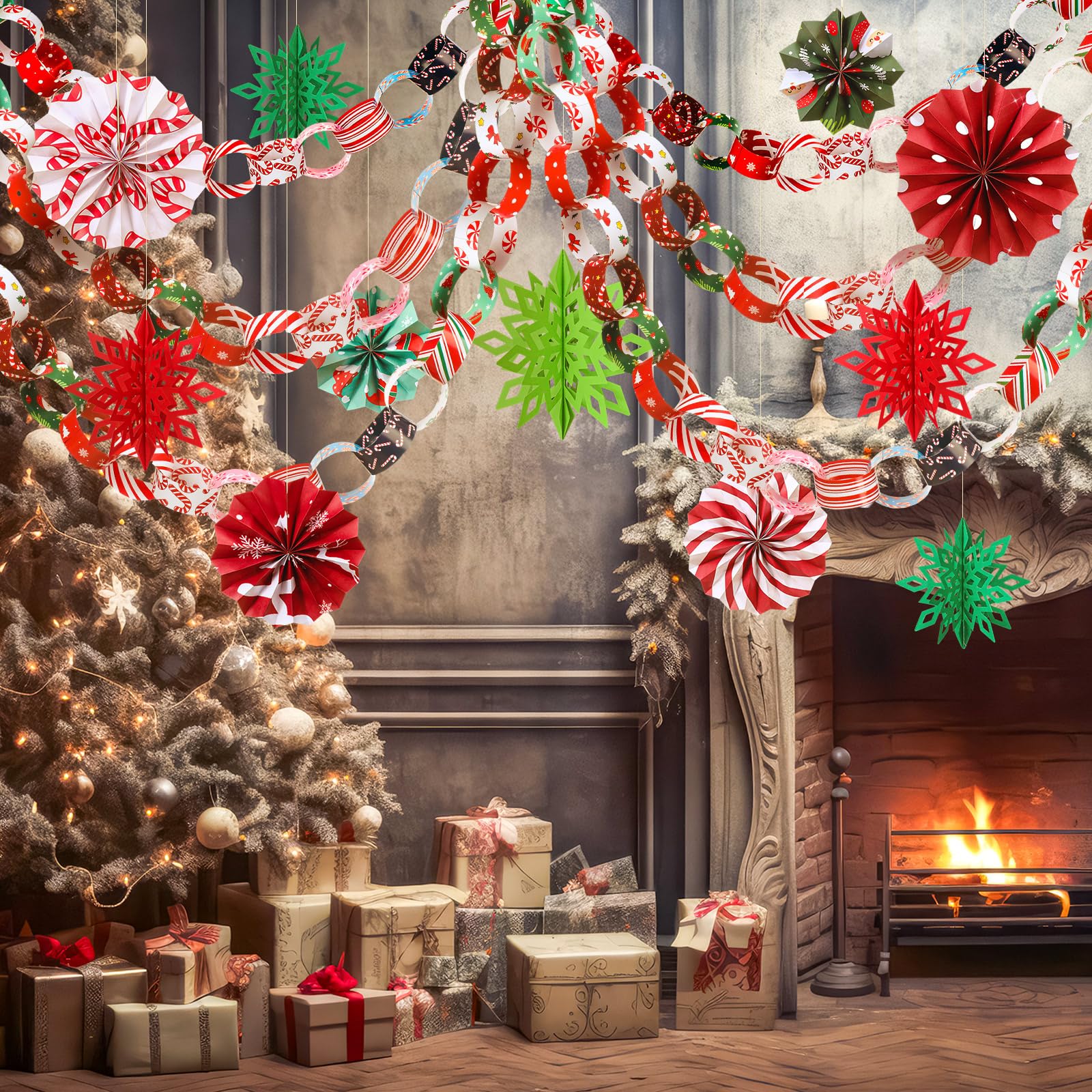 Yexiya 612 Stück Weihnachtsfeier-Dekorationen, einschließlich 600 Blatt Zuckerstangen, Papierkettenstreifen mit 6 Stück 3D-Papier-Schneeflocke, 6 Fächer, festliches Bastelzubehör für Weihnachten