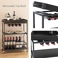 Vista 8 de Carro de servicio para bar con soporte para vino de 3 niveles, carrito móvil para el hogar, con ruedas, carrito de cocina industrial