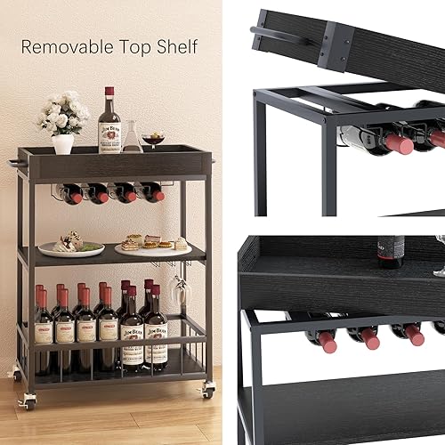 Miniatura 8 de Azheruol Carro de servicio para bar con soporte para vino de 3 niveles, carrito móvil para el hogar, con ruedas, carrito de cocina industrial de