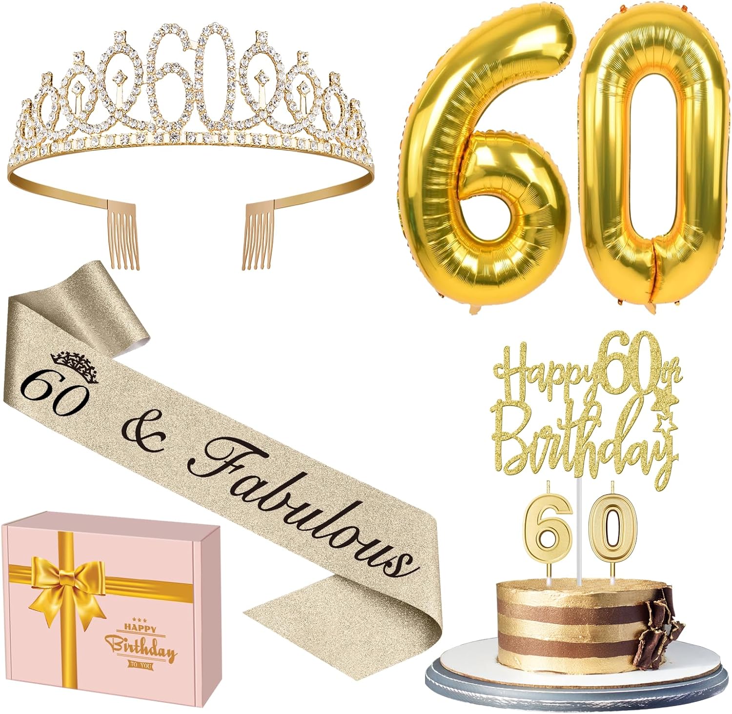 60th Birthday Decorations for Women Gold with 60th Birthday