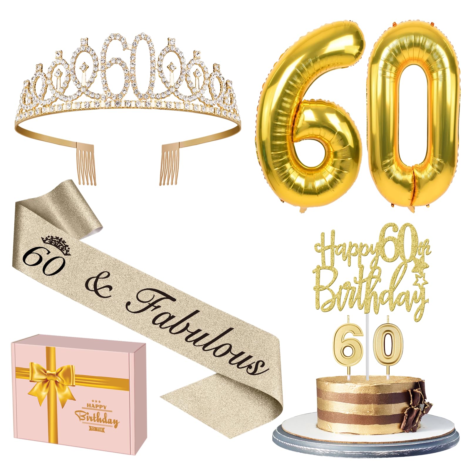 Photo 1 of 60th Birthday Decorations for Women Gold with 60th Birthday Sash and Tiara, 60th Birthday Cake Topper and 60 Candles, Big Gold 60 Birthday Balloons, 60th Birthday Gifts for Women (Gold) 60 Gold