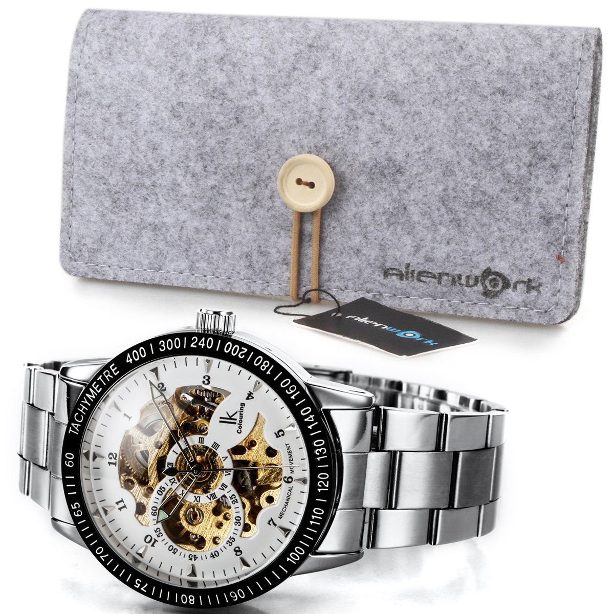 Alienwork IK Reloj Automático Hombre Mujer Plateado Pulsera de Metal Acero Blanco Esqueleto Fondo de Vidrio