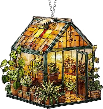 Greenhouse Ornament, Acrylic Plant Ornament Faux Stained Glass, Gardening Suncatcher, Gardening Gifts for Women, Mom, Grandma, Natured Themed Gifts for Plant Garden Lovers Green House