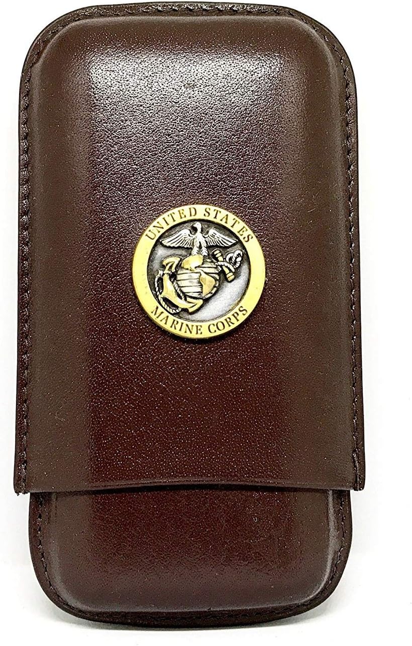 Genuine Leather US Marines Cigar Case 3-Finger with 3 Cigar Holders - Pocket-sized Cigar Case for Travel, Gifts for Men (Brown)
