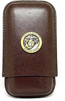Genuine Leather US Marines Cigar Case 3-Finger with 3 Cigar Holders - Pocket-sized Cigar Case for Travel, Gifts for Men Brown