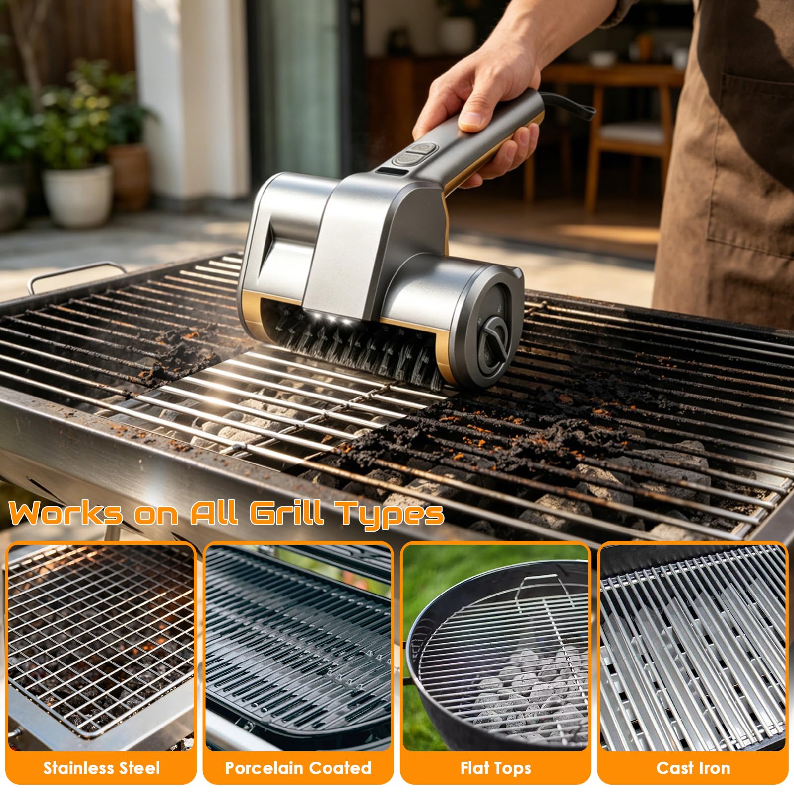 Spazzola elettrica per barbecue, senza fili, con luci LED, autonomia di 140 minuti, 2 velocità, 3 testine, impermeabile e resistente al calore, spazzola per barbecue in ghisa, acciaio inossidabile e