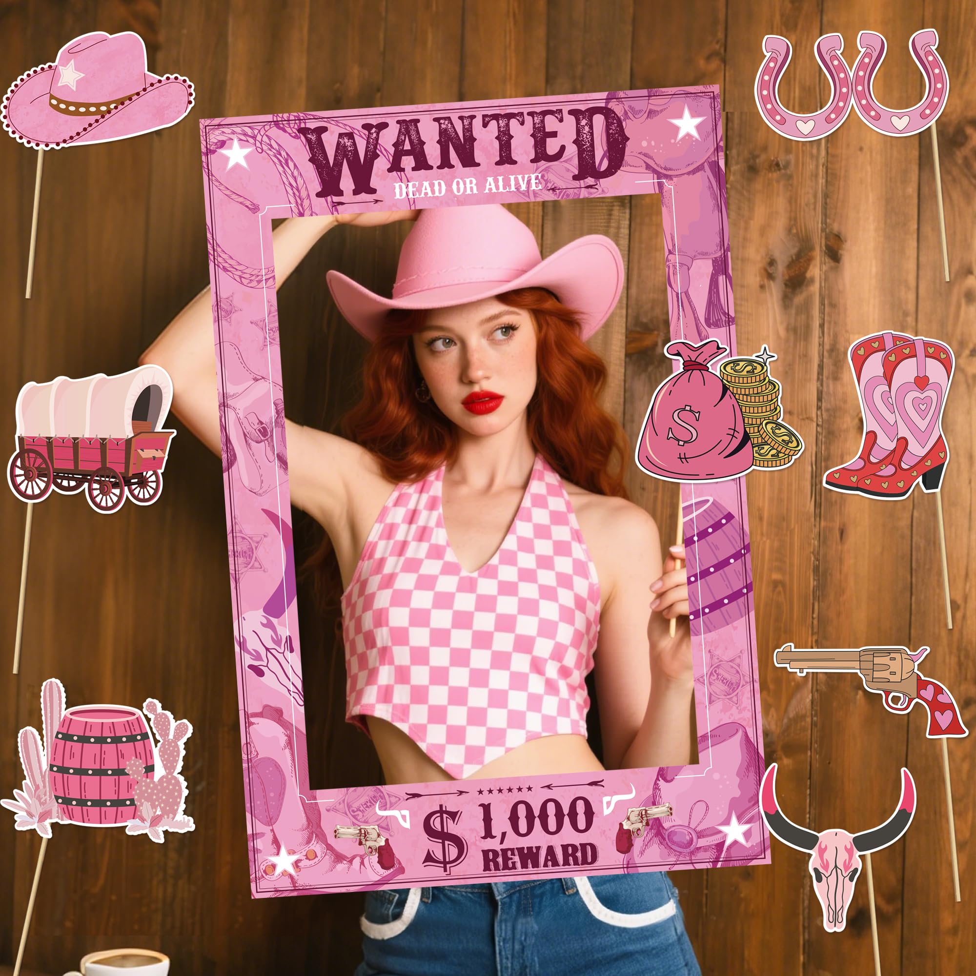 Wild West Photo Booth Props - Pink Wanted Poster Photo Frame Set with Cowboy Props, Western Party Decorations for Birthday, Saloon Theme, Rodeo Country Party Supplies (60x40 cm)