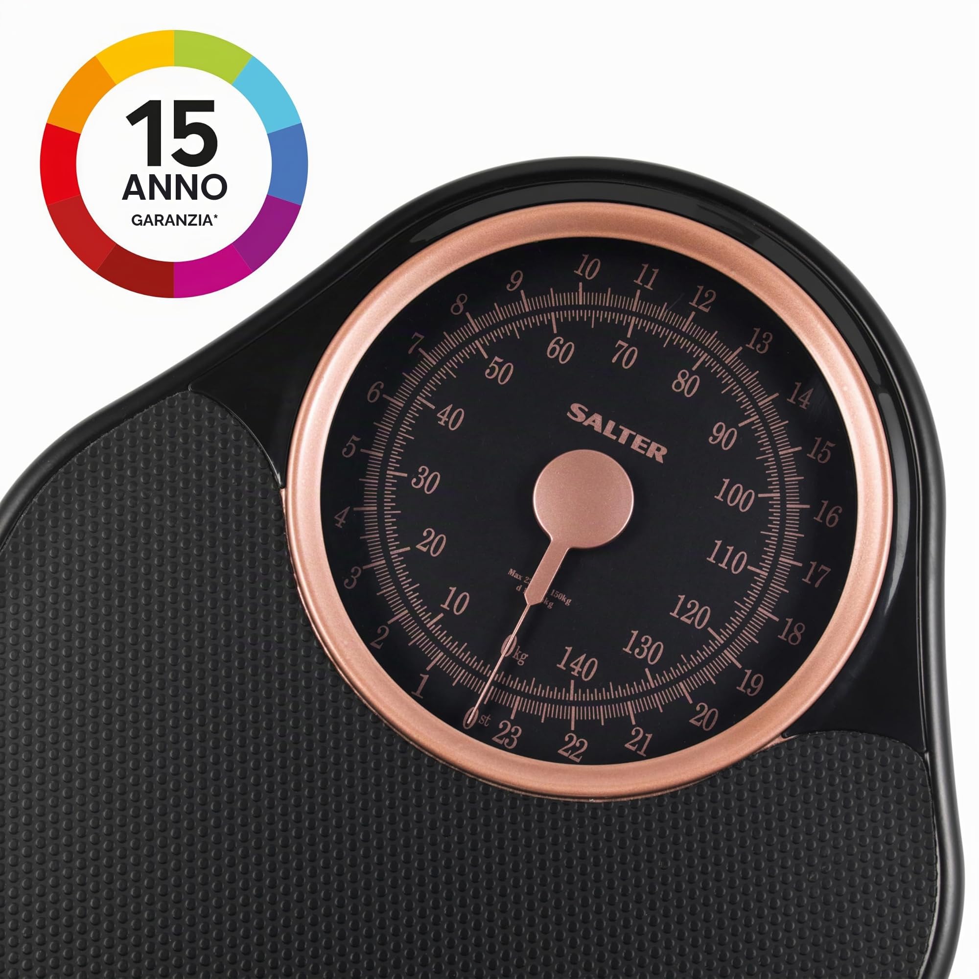 Salter 145 RGFEU16 Bilancia meccanica Doctor Style - capacità massima 150 Kg, quadrante di facile lettura con puntatore rotante, ampia piattaforma con tappetino in vinile, senza batteria, oro rosa