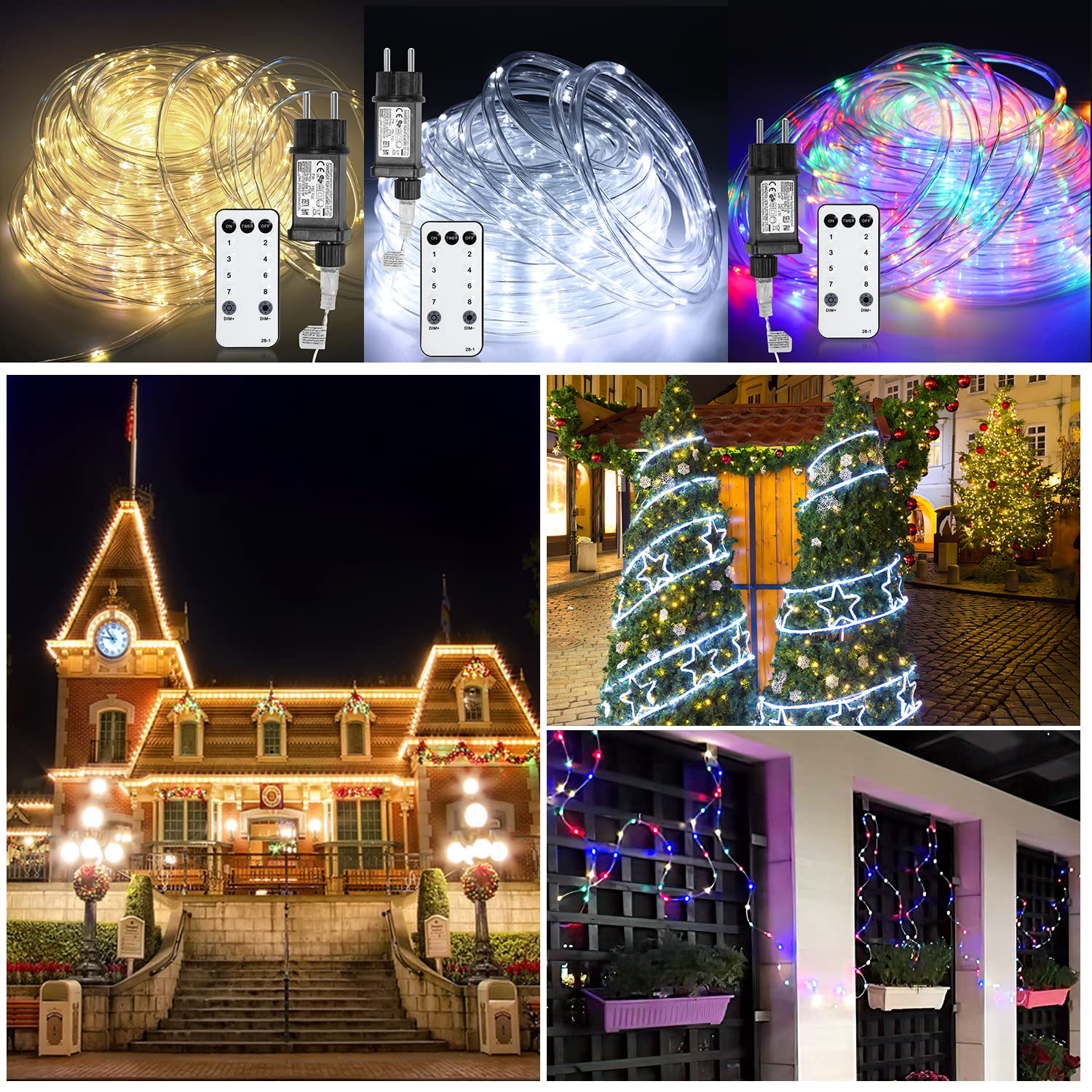 Manguera de luz LED de 20 m, 200 LED, resistente al agua, con mando a distancia y temporizador, para exteriores, balcón, terraza, boda, fiesta, luz blanca fría
