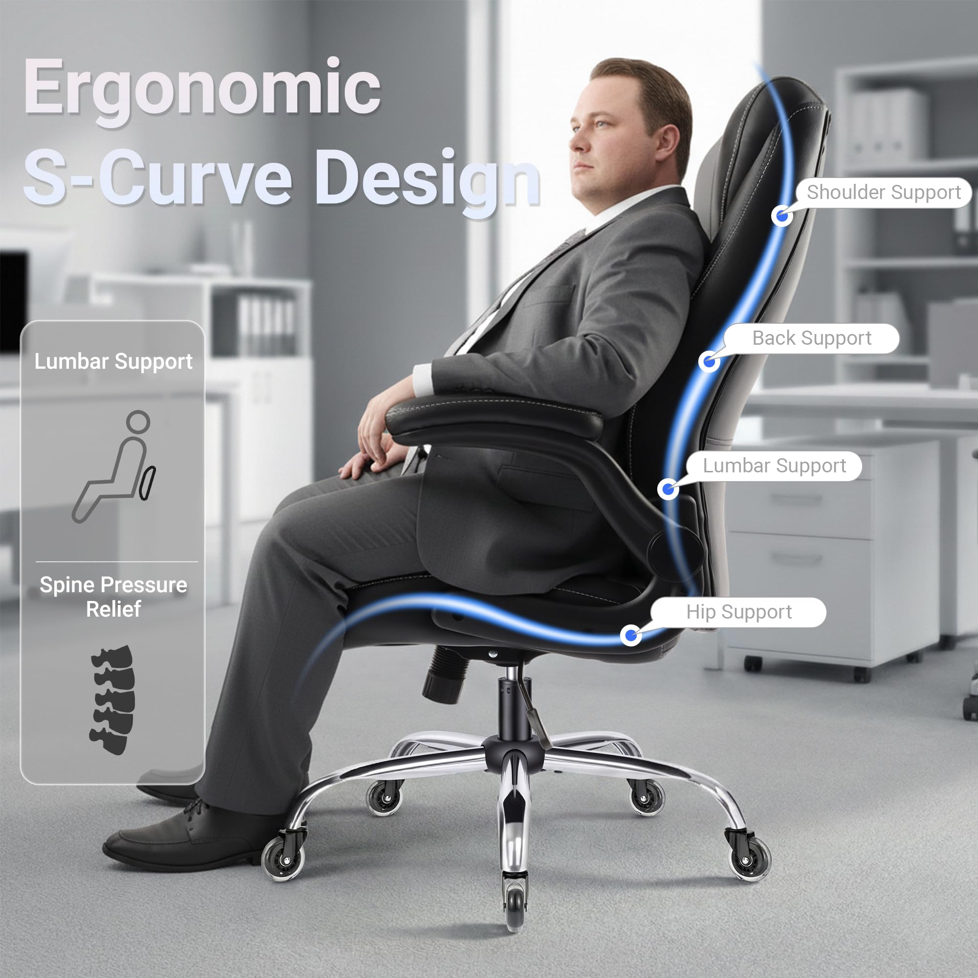 Big and Tall Office Chair for Heavy People, Executive Desk Computer Chair Adjustable Flip-up Armrests, PU Leather Swivel Task Chair with Ergonomic High Back and Lumbar Support