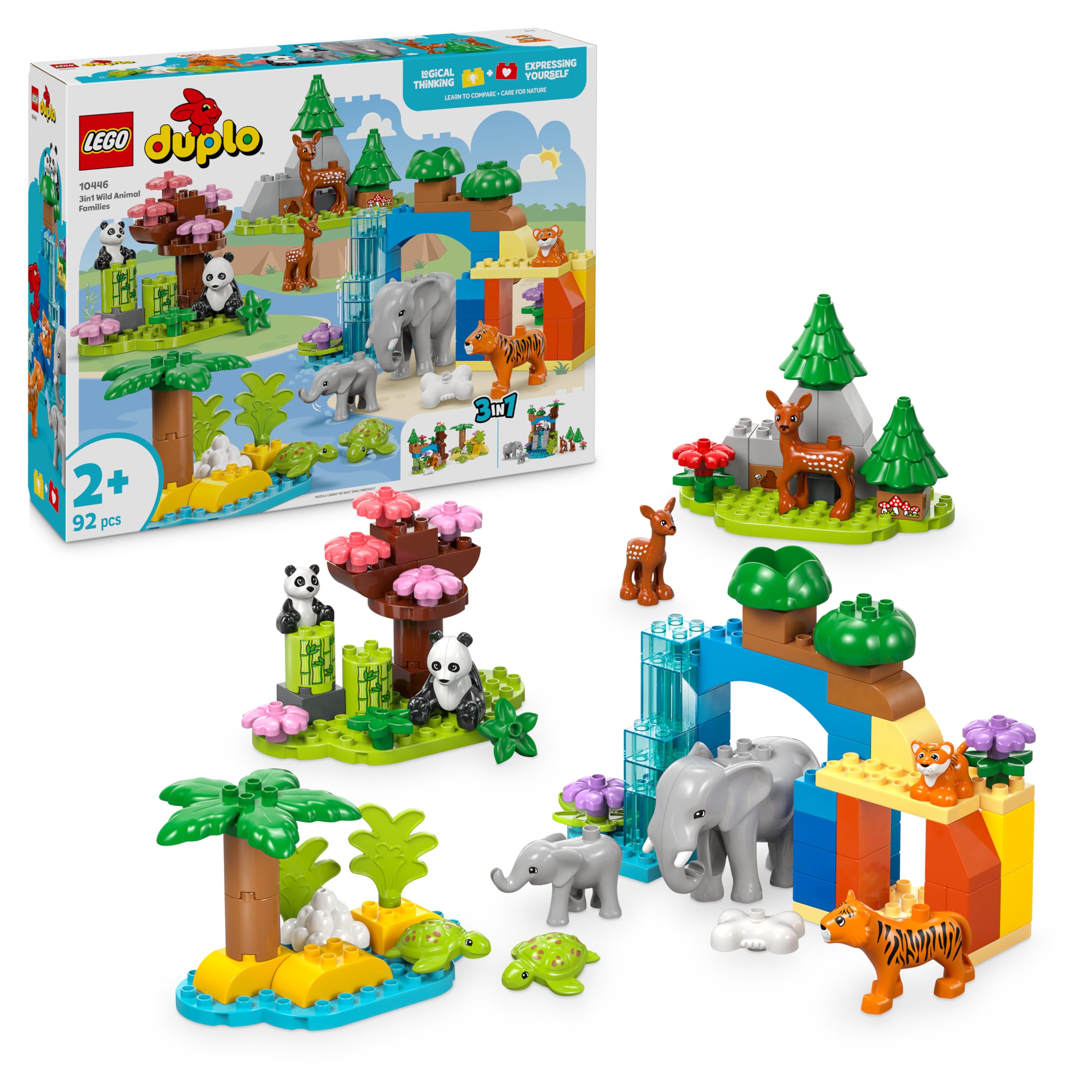 LEGO Duplo Familles d’Animaux Sauvages 3-en-1 - Jouet Éducatif pour Enfants dès 2 Ans - Figurines de Tortue, Tigre, Éléphant, Daim & Panda avec Habitats Constructibles - Cadeau Fille ou Garçon 10446