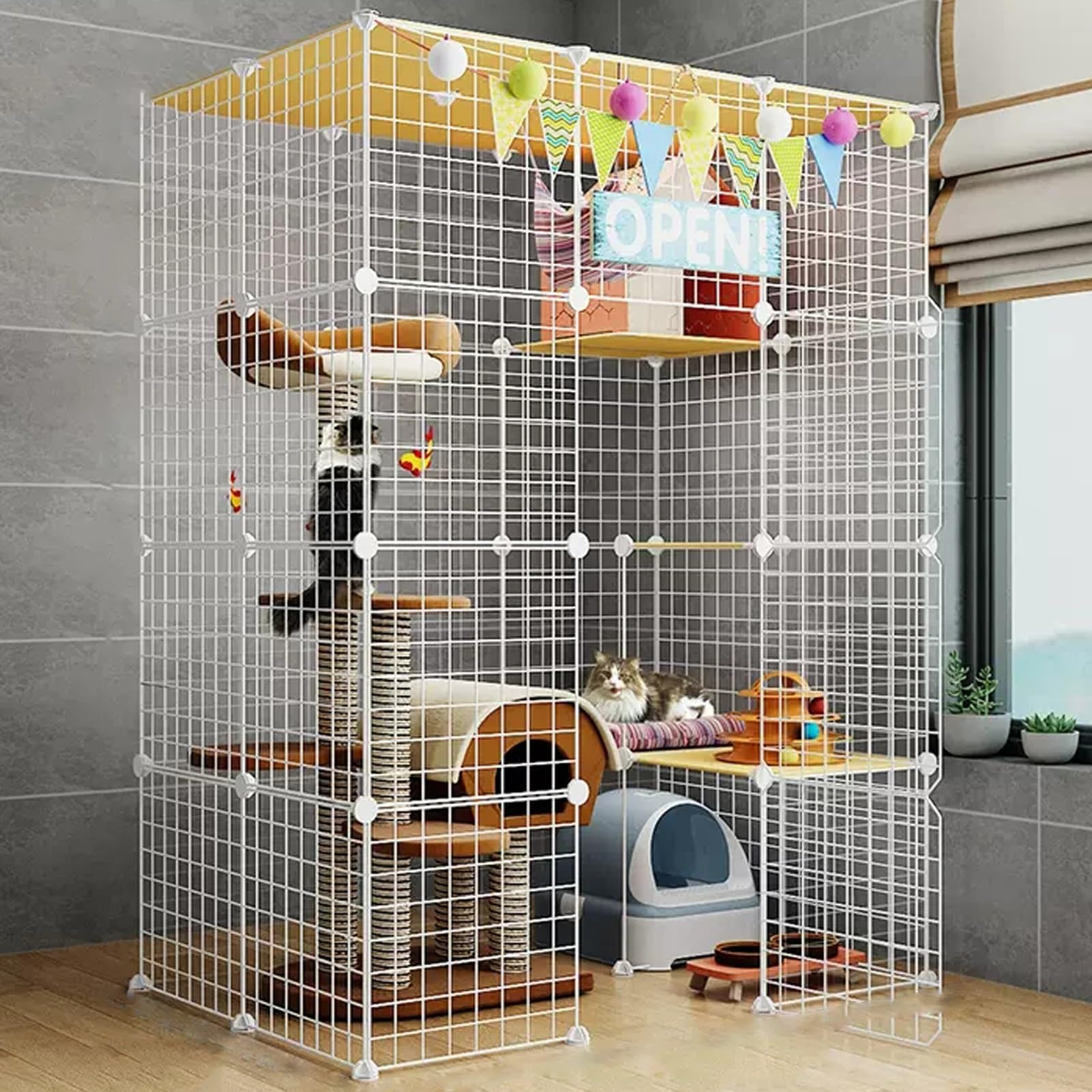 Parc à chat métallique blanc à 3 niveaux et grand espace d'exercice modulaire