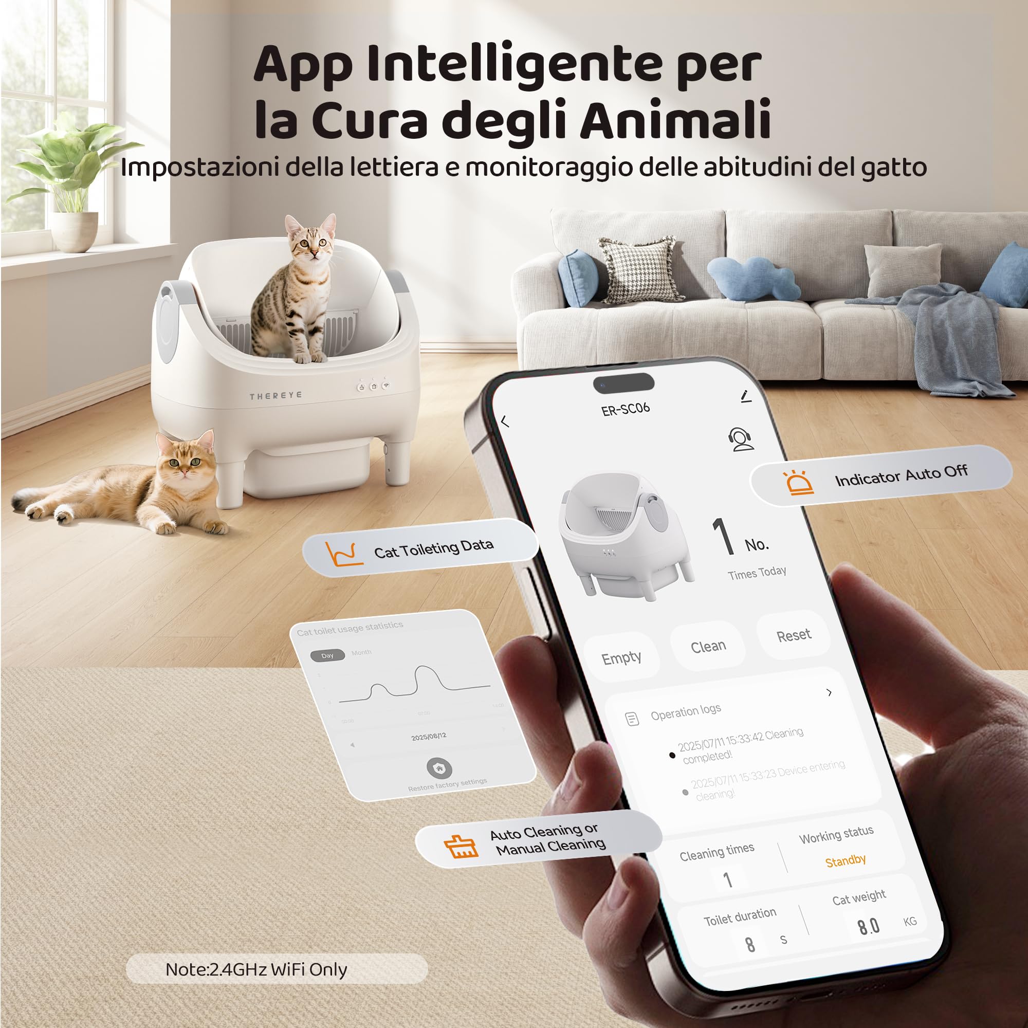 Thereye Lettiera Gatto Autopulente, Lettiera Automatica Per Gatti con Controllo App, Sensore di Sicurezza, Anti-Odore, Contenitore per Rifiuti da 10 L, per Gatto di Grandi/Più Gatti (3-30lb)