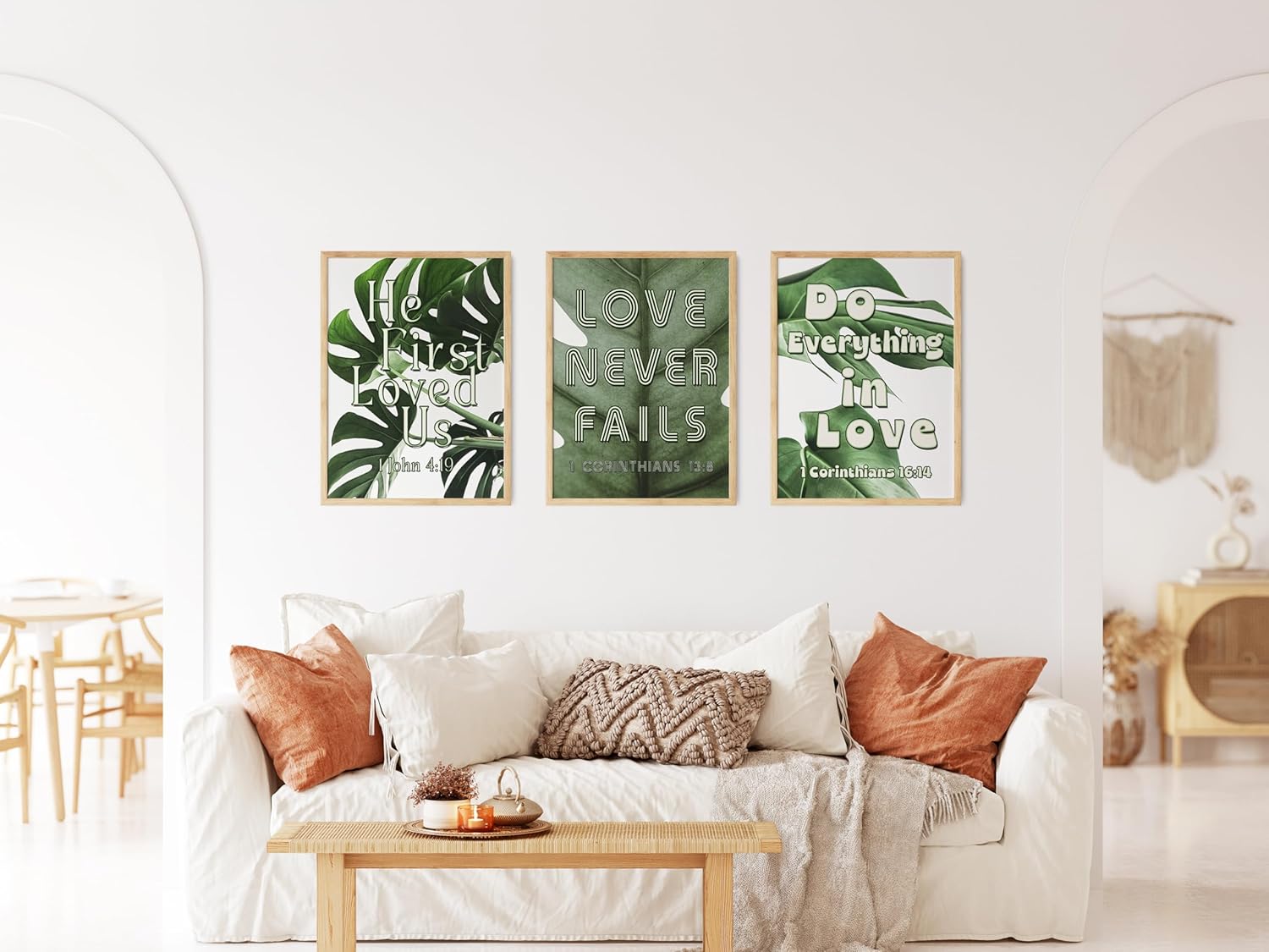 Boho Botanical Bible Verse Photography Prints, Unframed, Set of 3, 1 Corinthians 13:9, 1 Corinthians 16:14, 1 John 4:19, Bohemian Plant Home and Wall Room Decor (16x20)