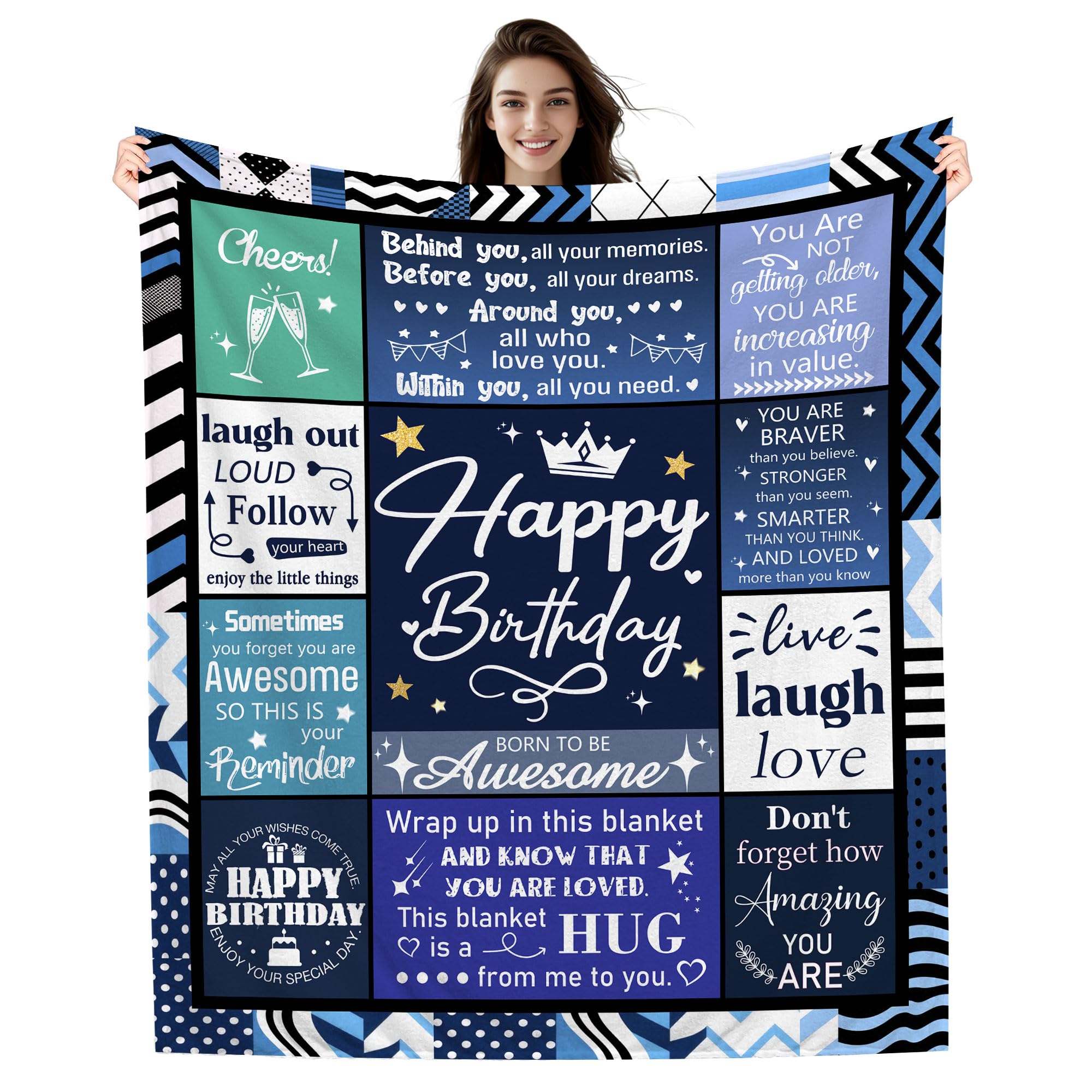 Birthday Gift Blankets for Men Boys, Happy Birthday Blankets Ideas for Son Brother Grandson Dad Grandpa Uncle Friends Boyfriend Wife Gift for Him (blue)