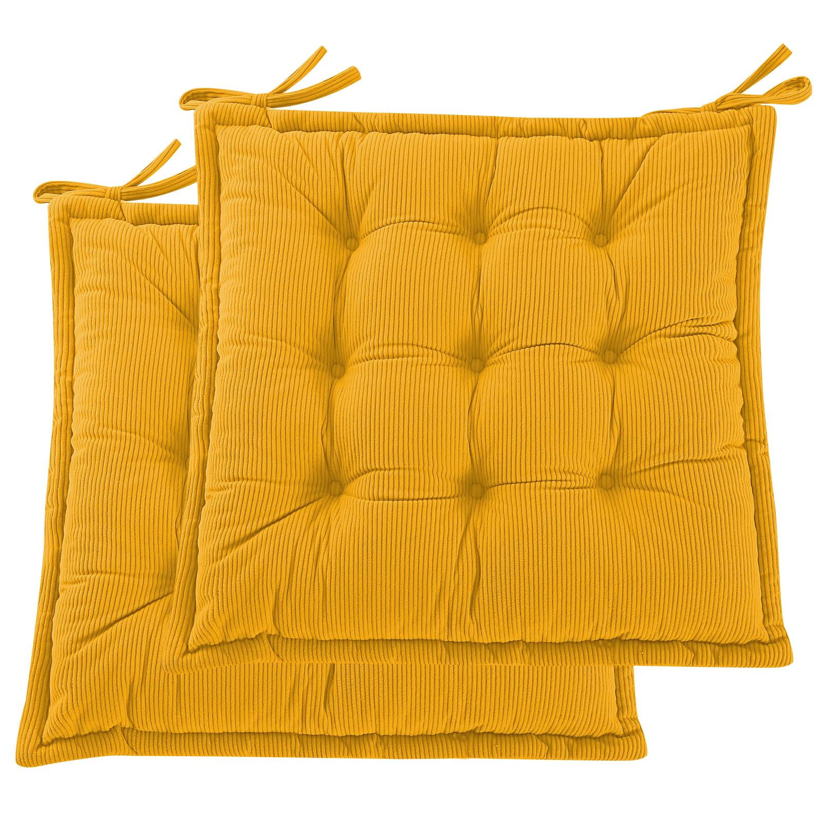 PRIMEPATIO Seat Pad for Dining Chair Set of 2, Garden Kitchen Chair Seat Cushion With Ties, Soft Tufted Shredded Foam Chair Pad for Indoor Outdoor, 40 x 40cm, Yellow