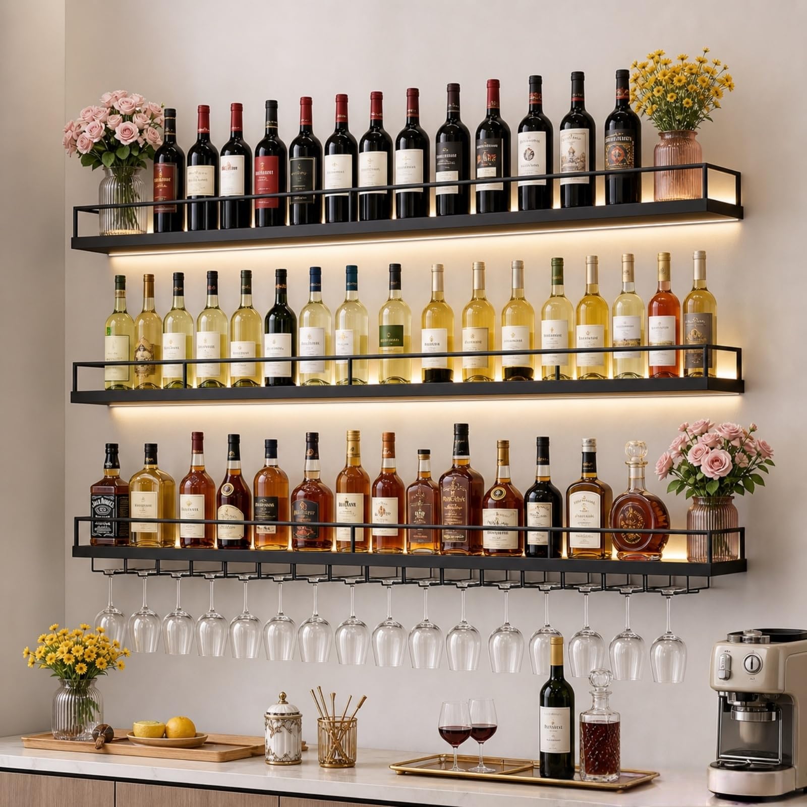 Portabottiglie da parete da 180,3 cm, a 3 ripiani, in metallo, con luci a LED, elegante mensola per liquori, per casa, bar, sala da pranzo, bistrot, soluzione moderna per conservare il vino.