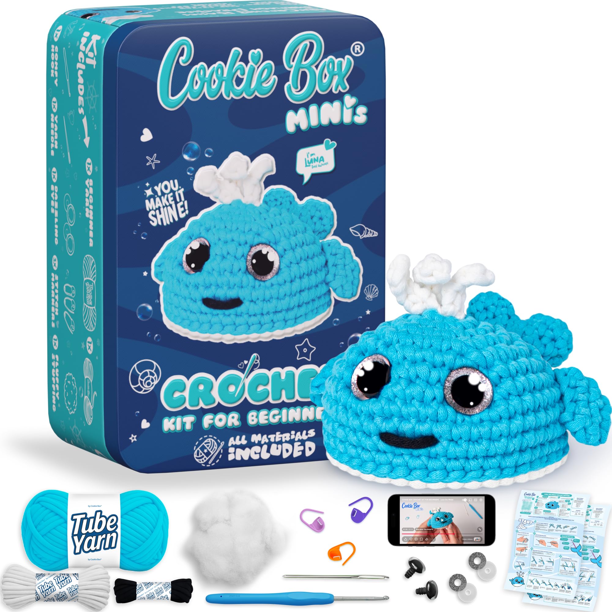 Cookie Box MINIs Crochet Kit for Beginners – Gift Set to Make Whale Luna Amigurumi Plushie – Easy DIY Crochet & Knitting Starter Kit with Printed Instructions & Step-by-Step Video Tutorial