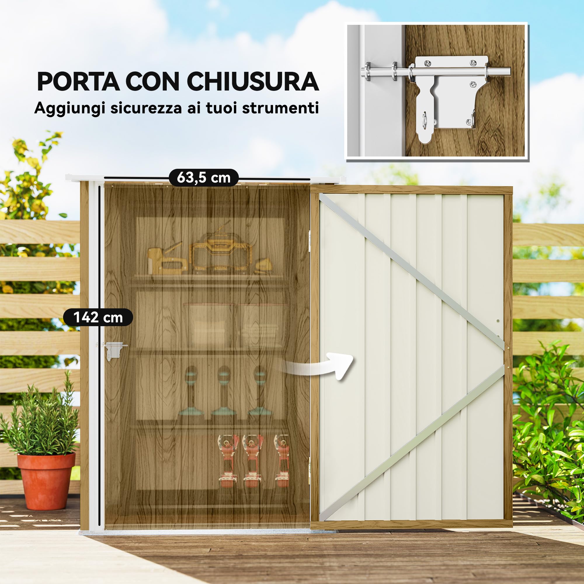 Outsunny Casetta da Giardino 0.92m² Acciaio Zincato 100x104x160 cm Marrone Chiaro Effetto Legno