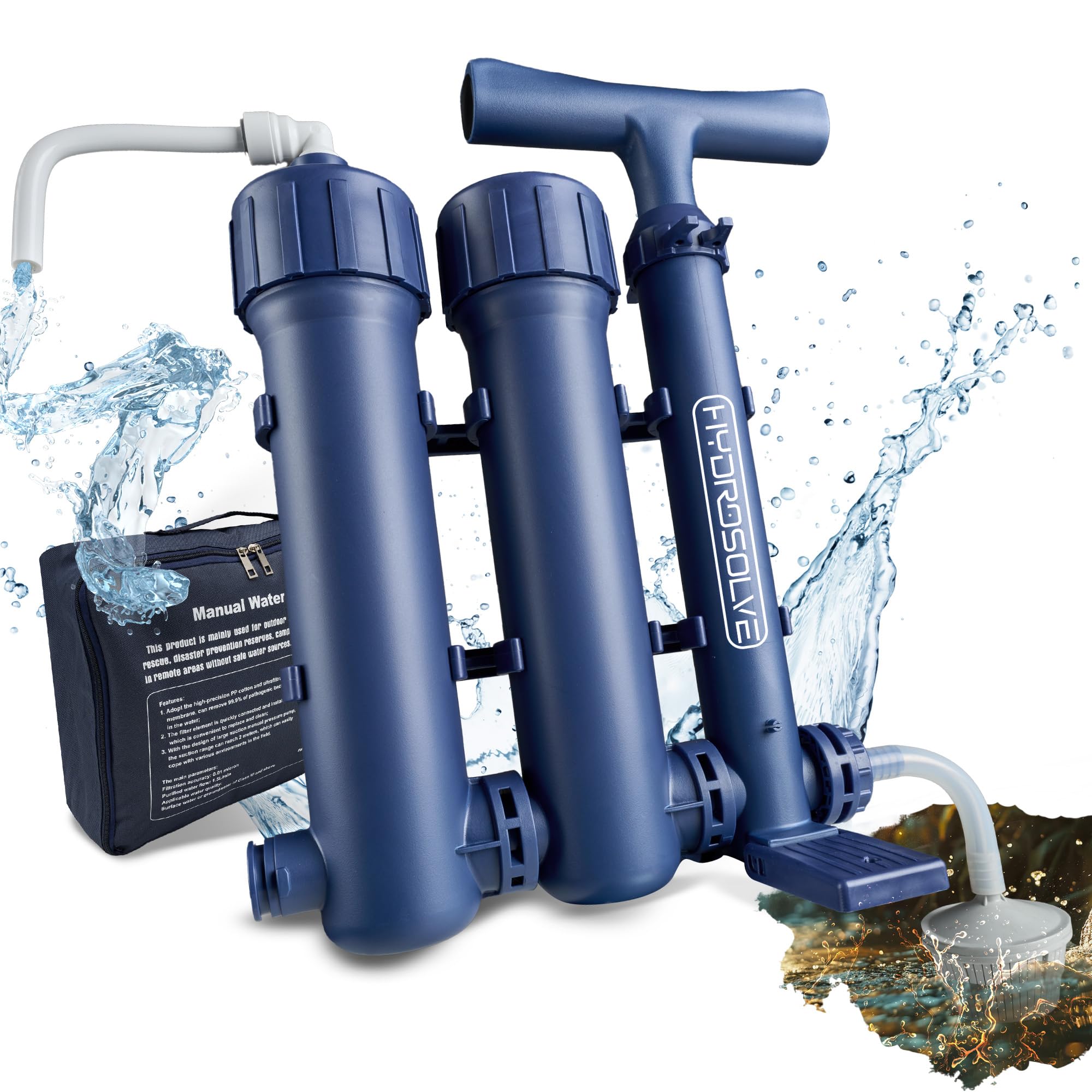 HYDROSOLVE - Filtro de agua portátil para exteriores, sistema de tratamiento de agua de emergencia con bomba de mano, filtración para senderismo y camping (filtro de agua)