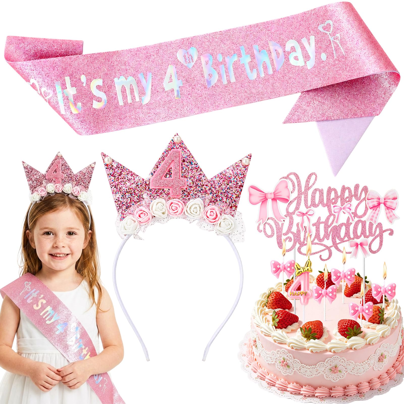 GSrenyu Pink Birthday Party Decorations Set for Girls with Crown Headband Sash Cake Topper Candle for Kids Princess Party Decorations, 4th