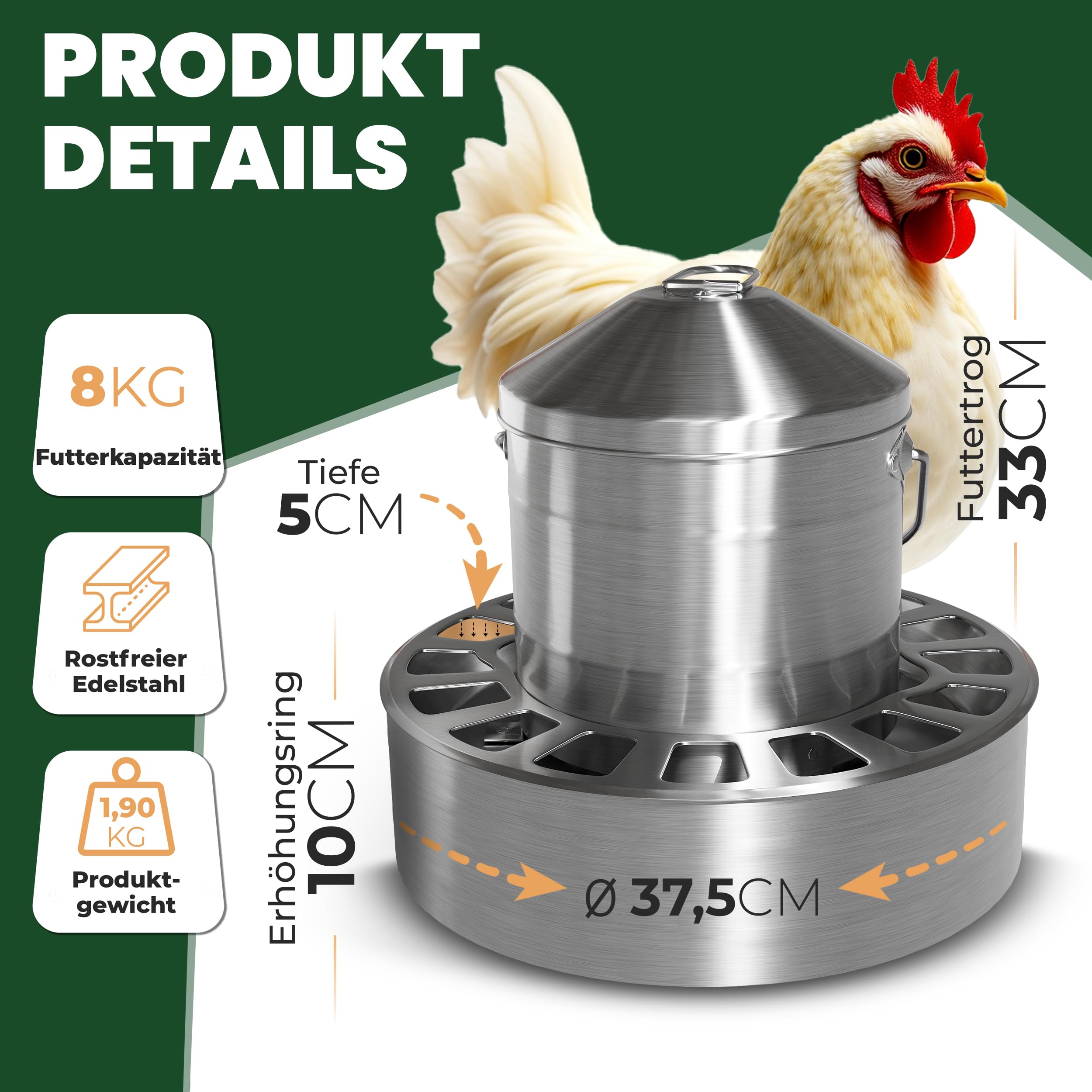 Edelstahl Futterautomat Hühner (4L / 8L / 12L Volumen) I Spart bis zu 40% Futter I aufhängbar & rattensicher I Abnehmbares klick-Gitter I Spülmaschinengeeignet I frei von scharfen Kanten
