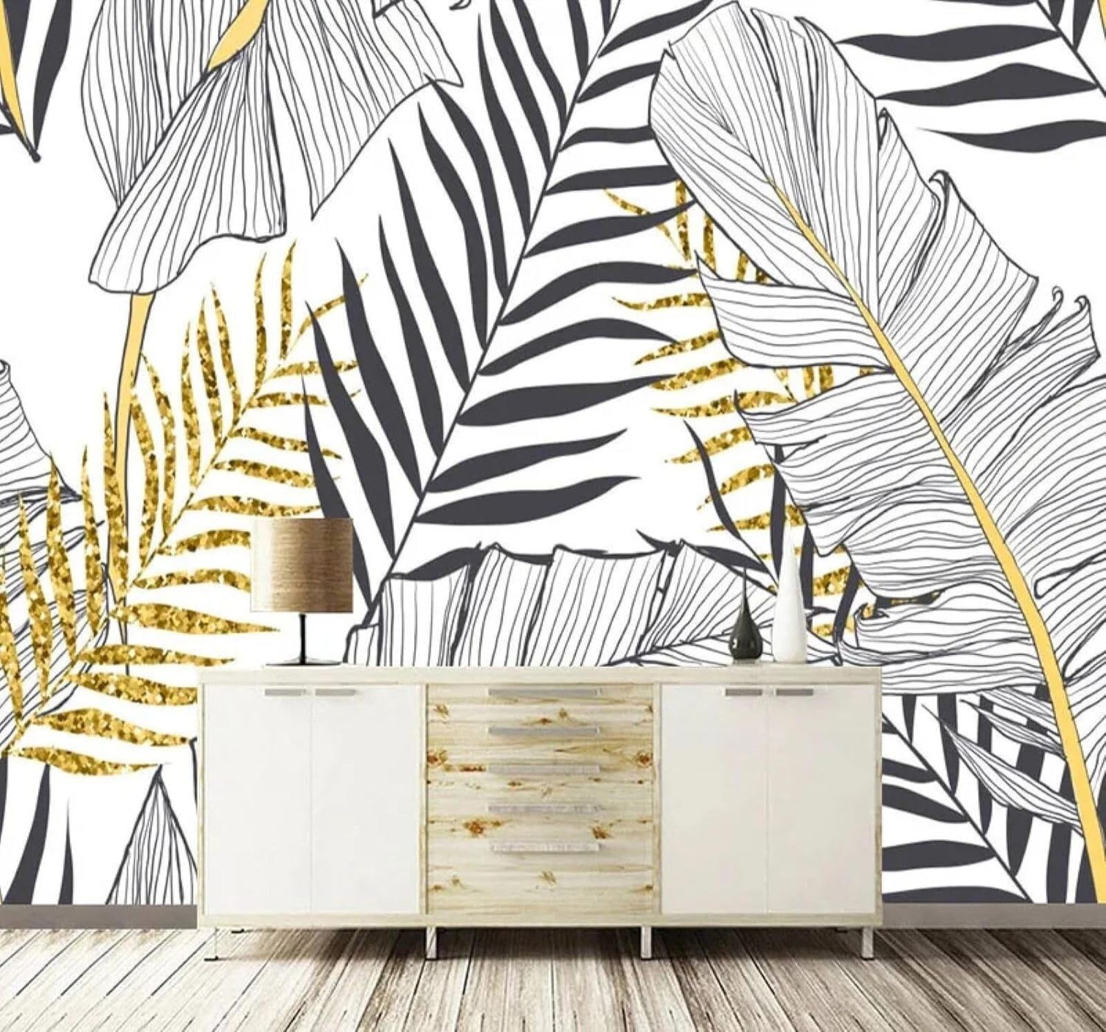 Xlming 400Cm×280Cm(B×H) Hand Drawn Gold Black And White Banana Leaves Palm Leaves 3D Wallpaper Luxury Home Dining Decor Paste Sofa Living Room The Wall For Bedroom Mural-400Cm×280Cm