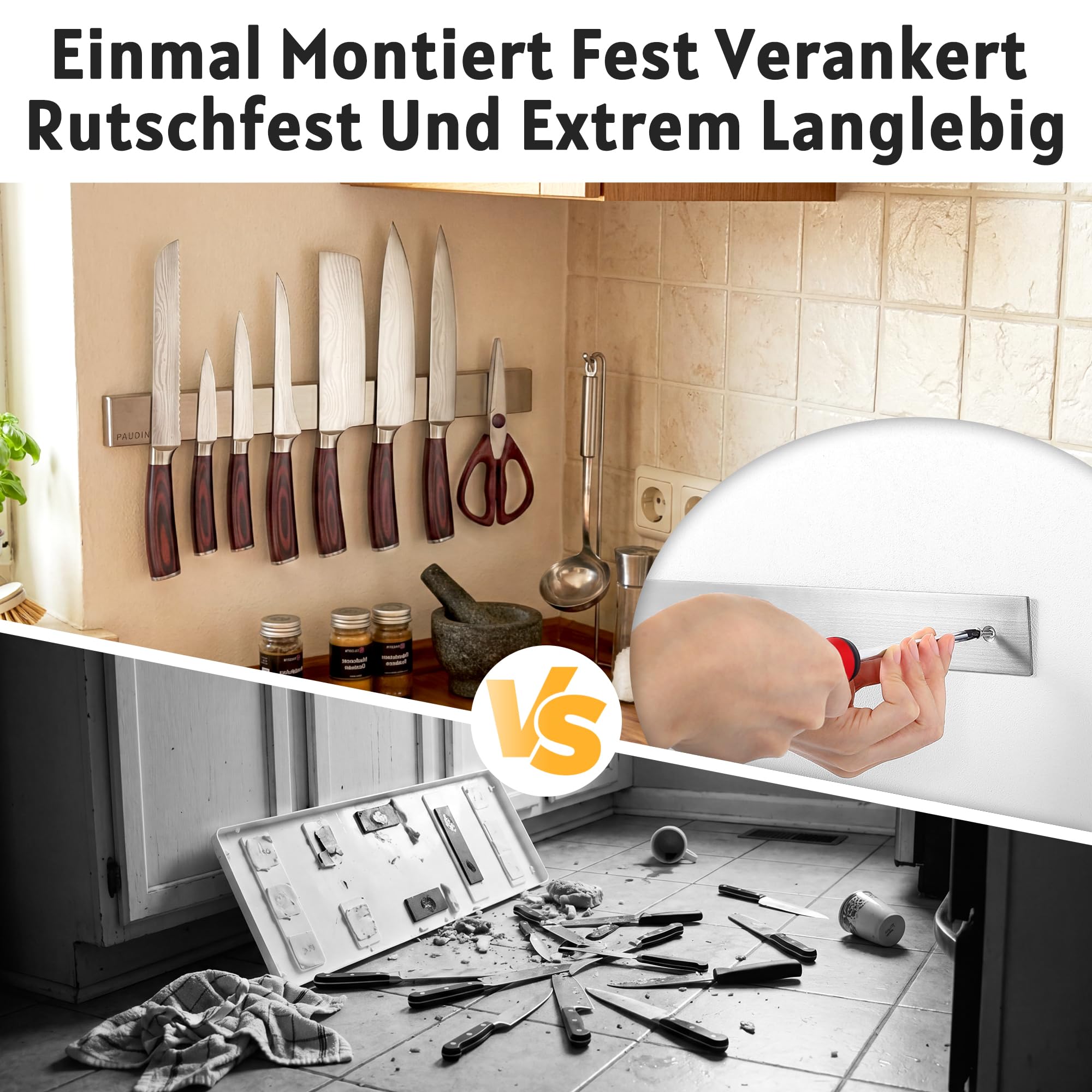 PAUDIN Magnetleiste Messer 45 cm Messerleiste magnetische Küchenmesserleiste aus Edelstahl mit extra starkem Magnet als Messerhalter für Wand Selbstklebend für Küchenutensilien oder Werkzeugen