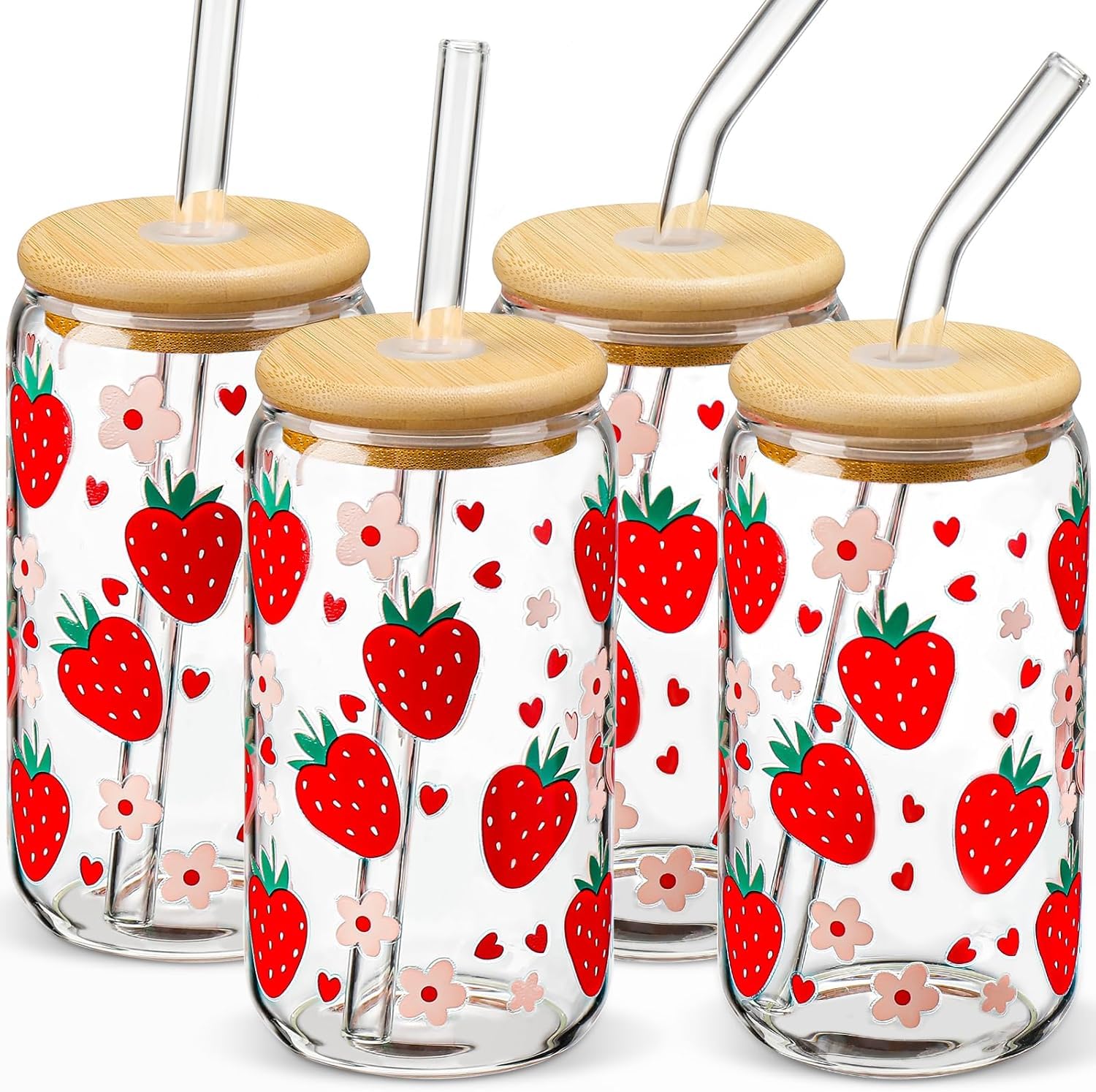 MHDCLY Glass Cups with Lids and Straws - Strawberry Design 4 Pcs, 16 oz Clear Drinking Glasses Set, Tumbler, Cute Iced Coffee Cups