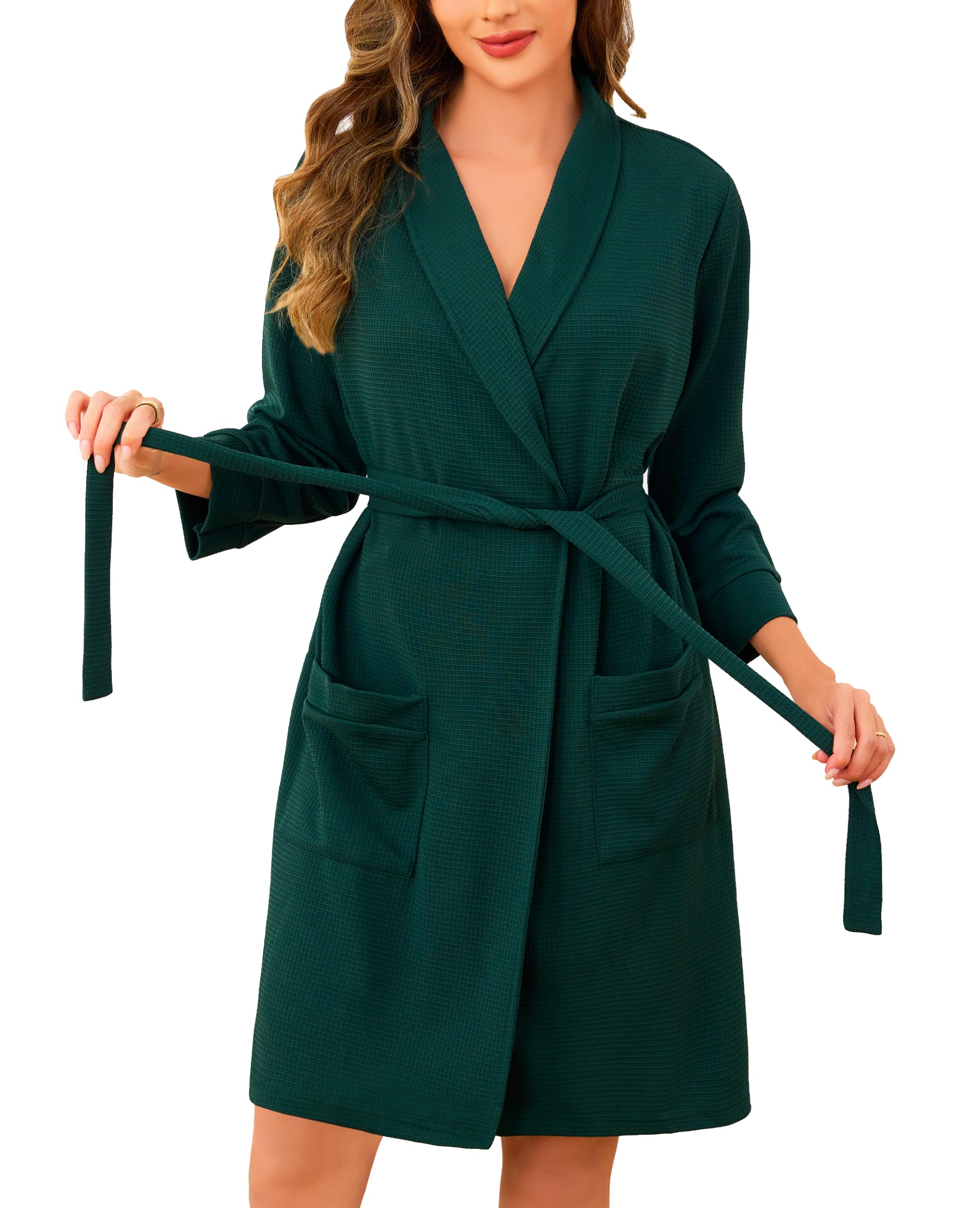 Vlazom Peignoir Court Femme en Coton Waffle Robe de Chambre avec Poches et Ceinture Confortable et Léger
