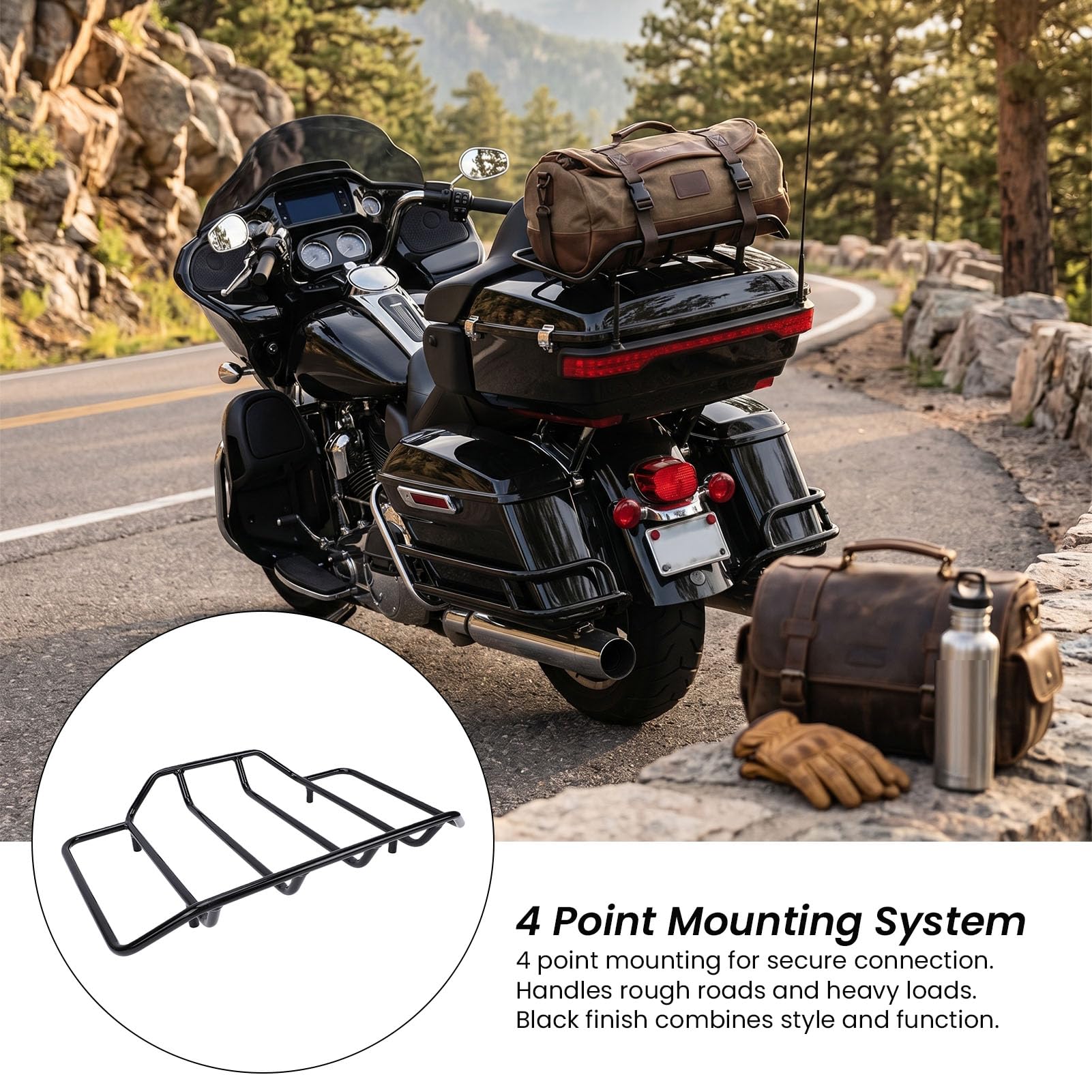lyrlody Bagażnik Pack, Zdejmowany Czarny Metalowy Bagażnik Motocyklowy Pack z 4-punktowym Elementem Montażowym, montaż Bez Użycia Narzędzi dla Kierowców Electra Glide 1984-2024